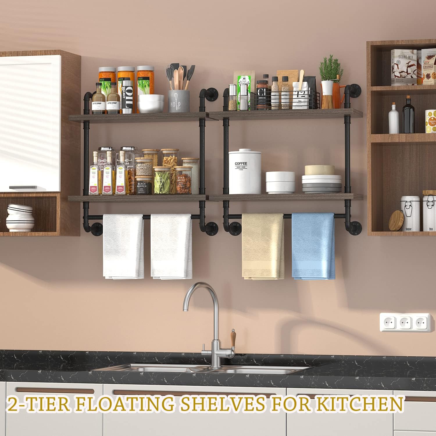 Helsin 2 Tier Floating Shelves with Towel Bar Gray Industrial Style