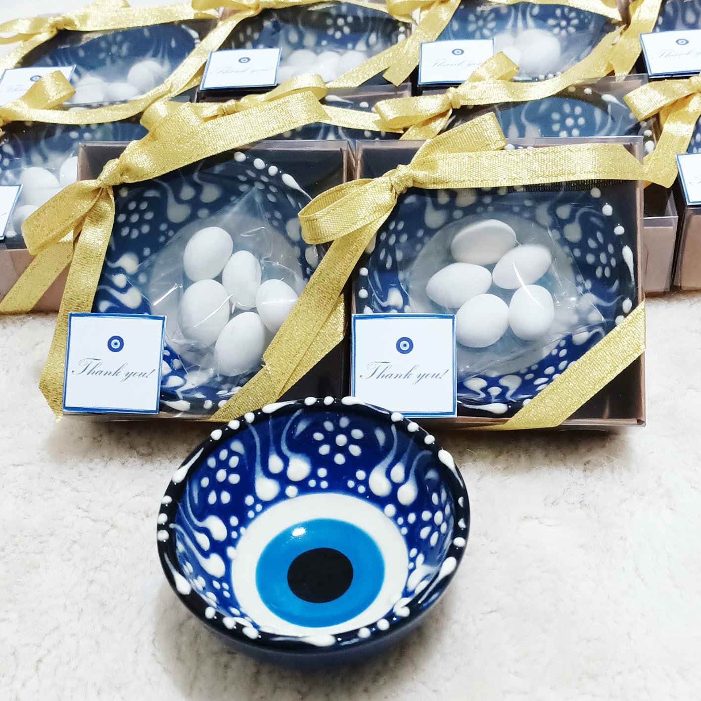12 PCS Evil Eye Ceramic Bowls with Gold Ribbon and Almond Candy