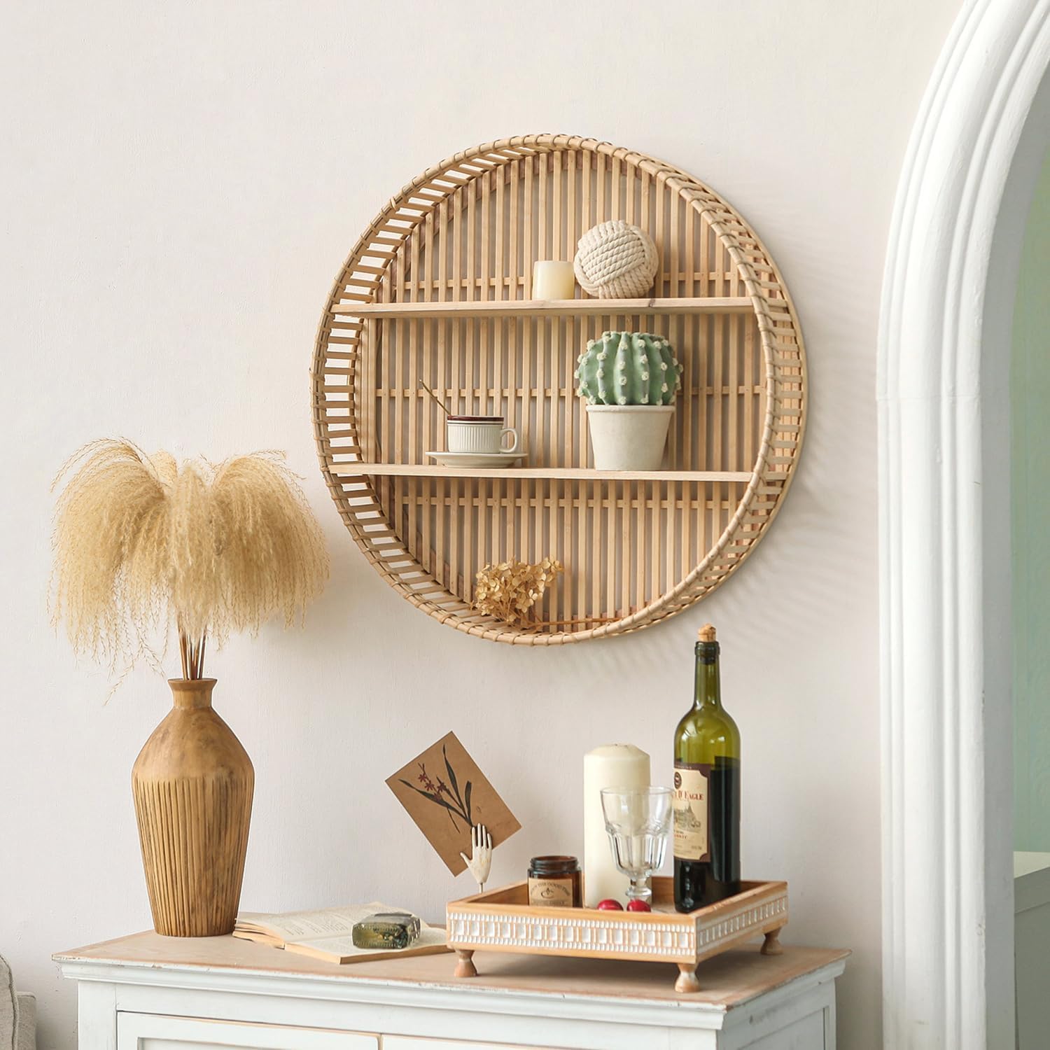 3 Tier Rattan Wall Shelf Boho Farmhouse Decor