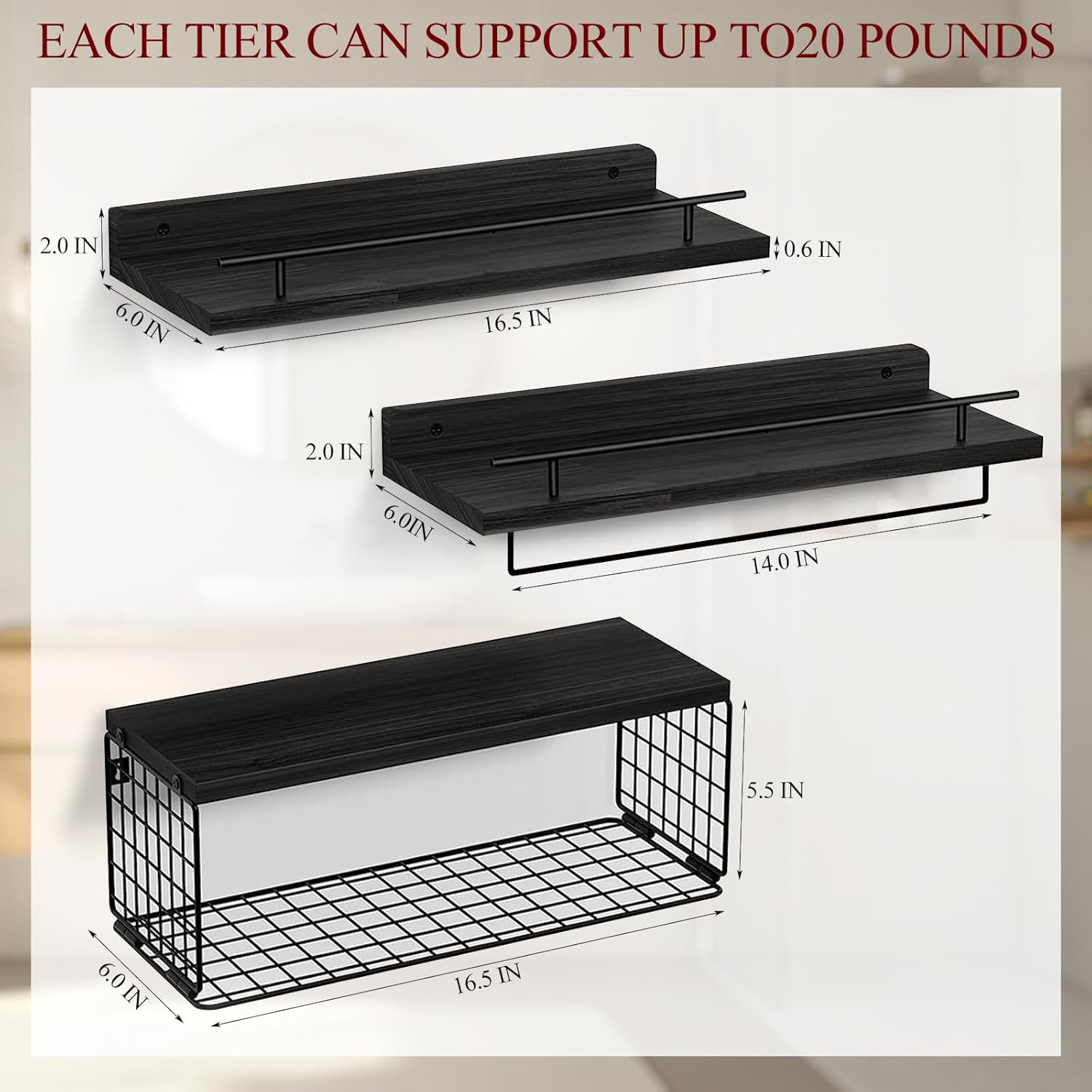 Kriulre Floating Shelves - Black Solid Wood Bookcase