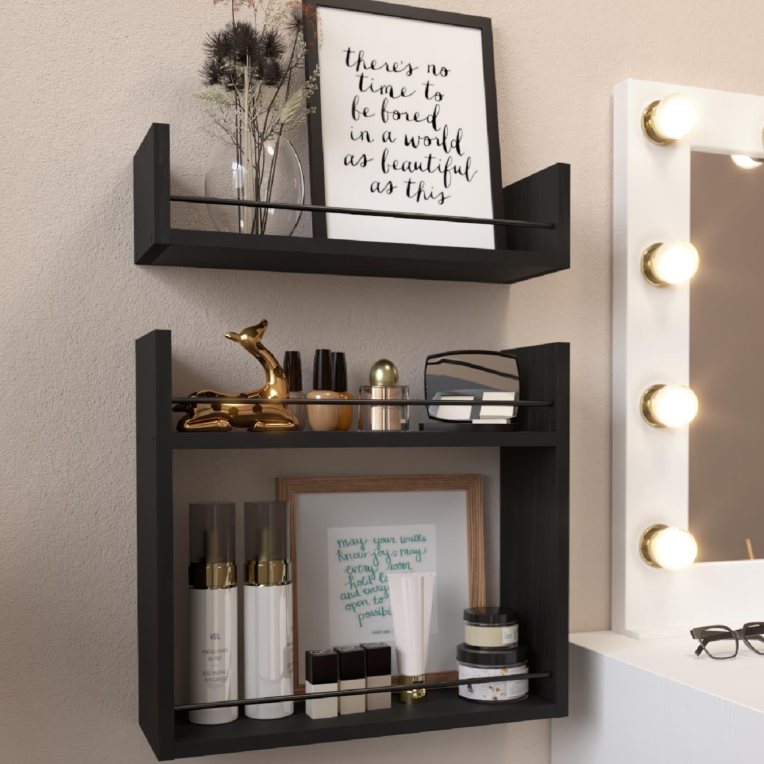 RICHER HOUSE Floating Wall Shelves with Towel Bar - Black 1