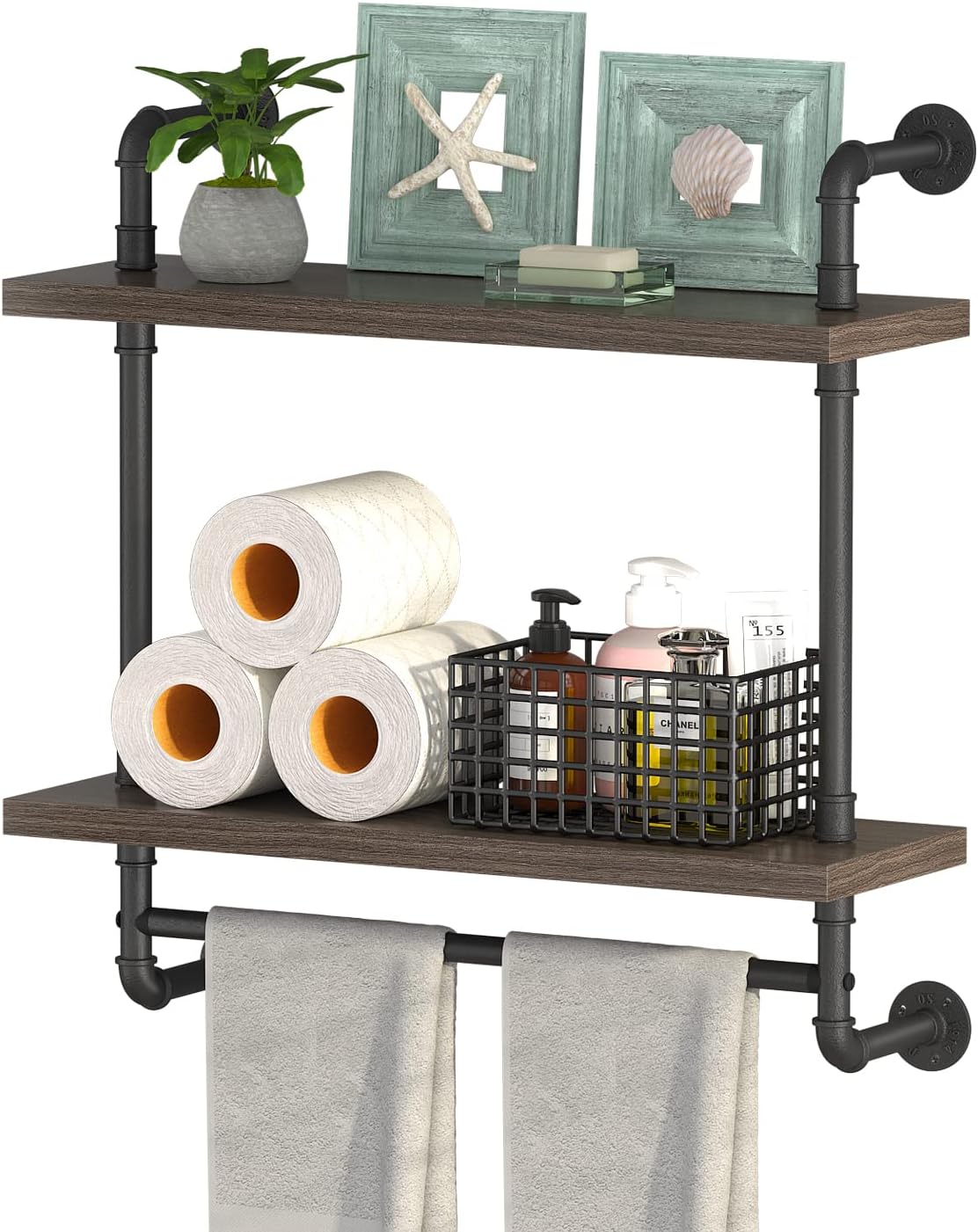 Helsin 2 Tier Floating Shelves with Towel Bar Gray Industrial Style