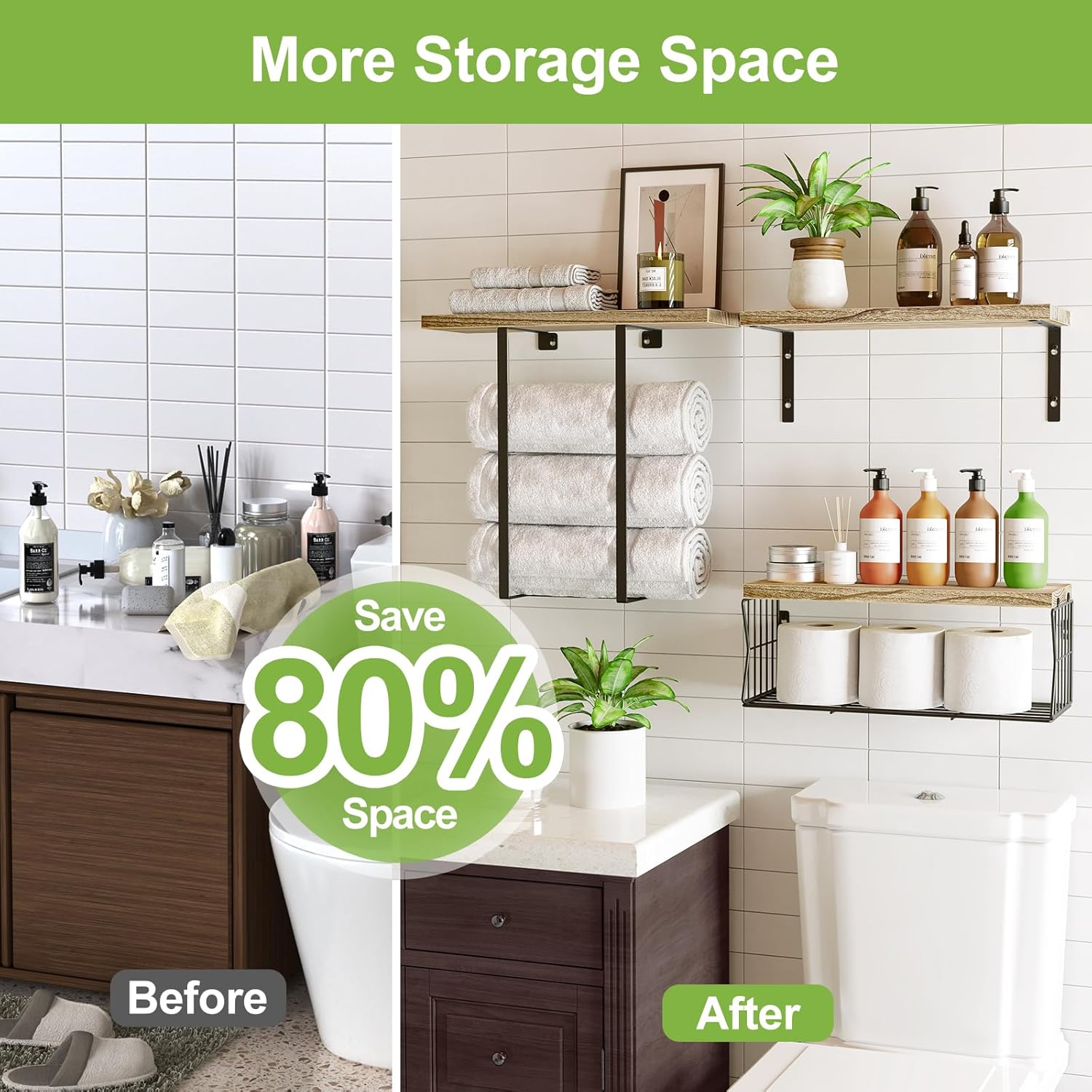 HAMITOR Floating Shelves Over Toilet - Rustic Wood Storage Towel Rack