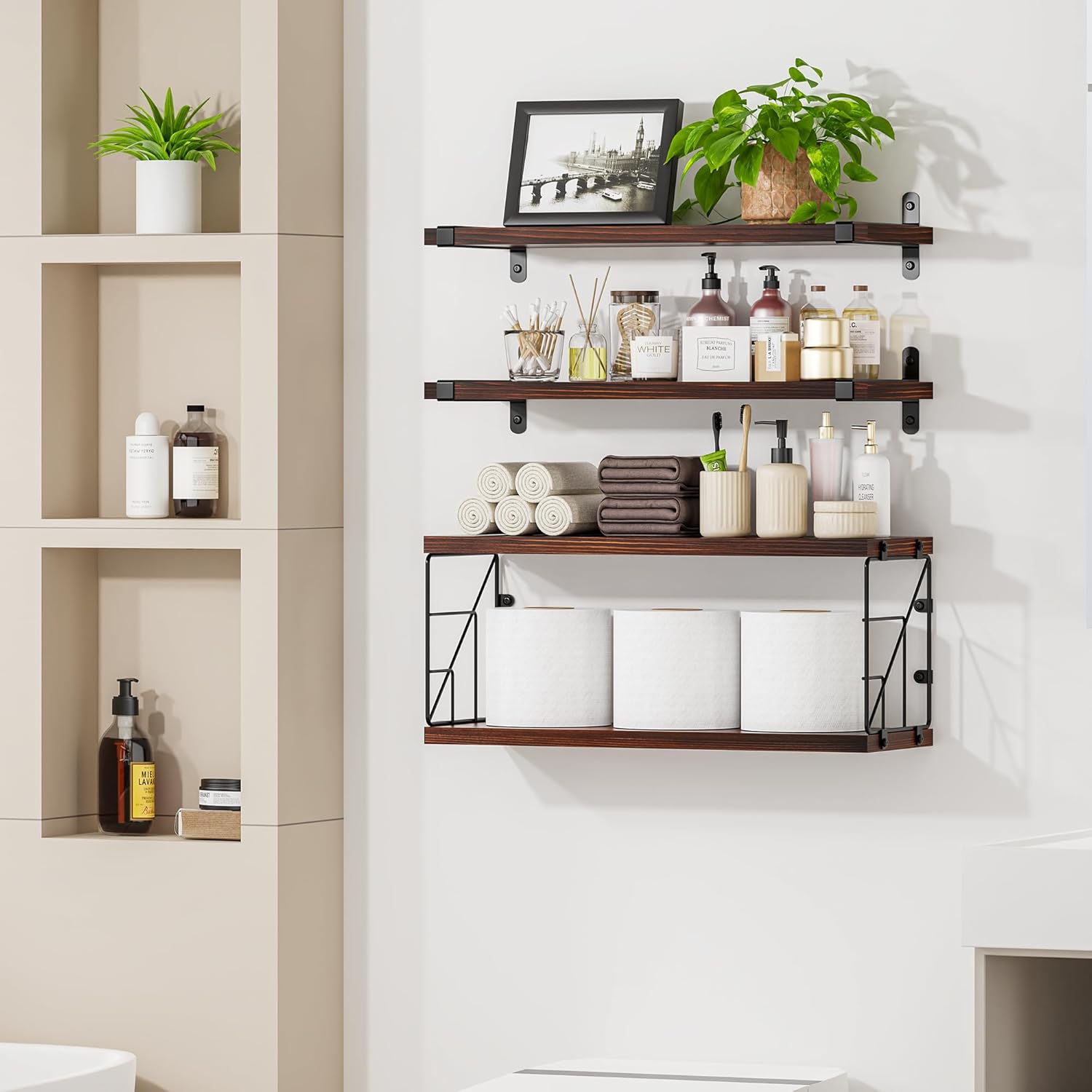 TJ MOREE Rustic Floating Shelves Over Toilet with Basket