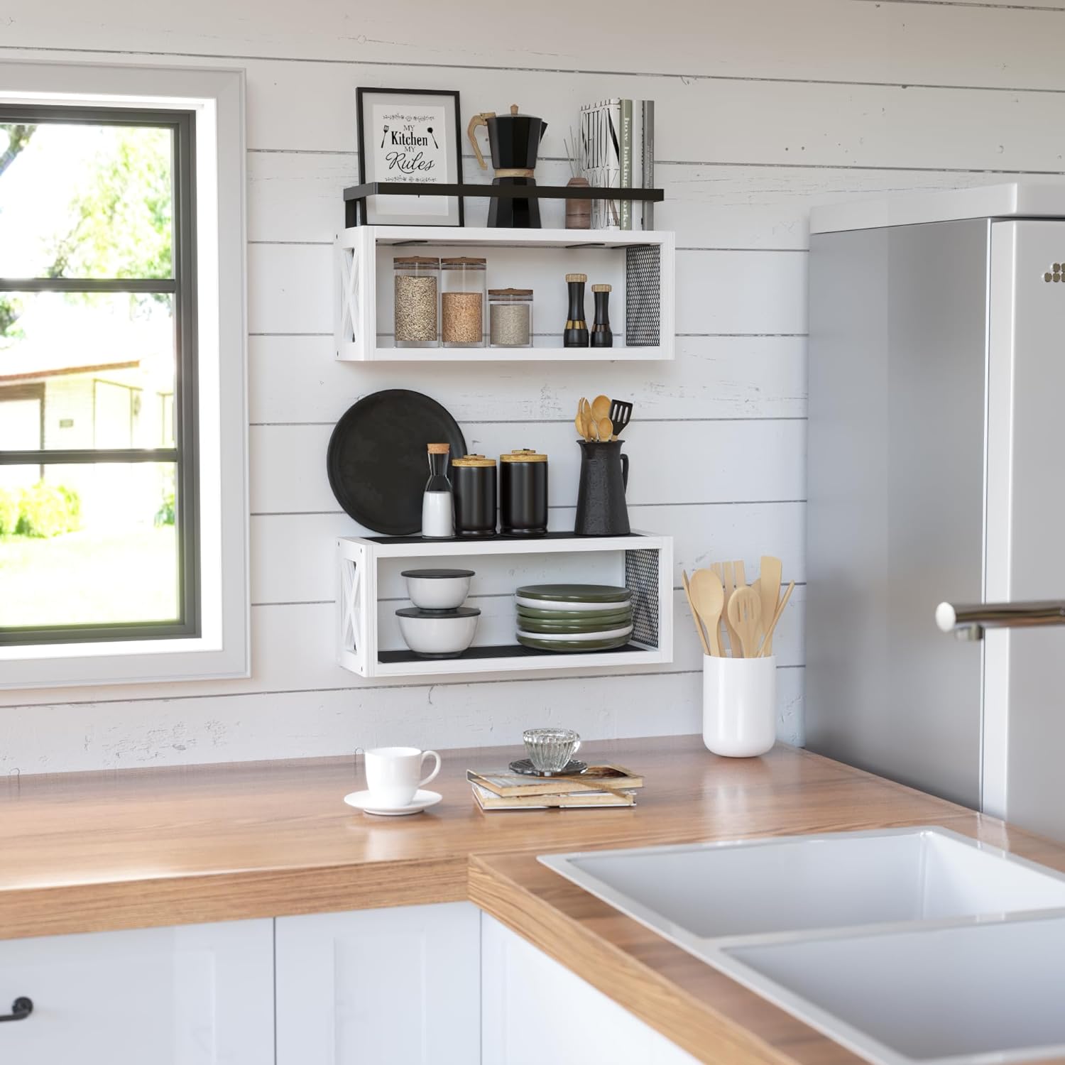 RICHER HOUSE Floating Shelves with Guardrail - White