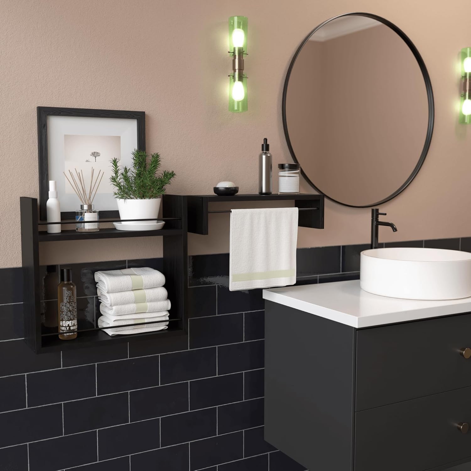 RICHER HOUSE Floating Wall Shelves with Towel Bar - Black 1