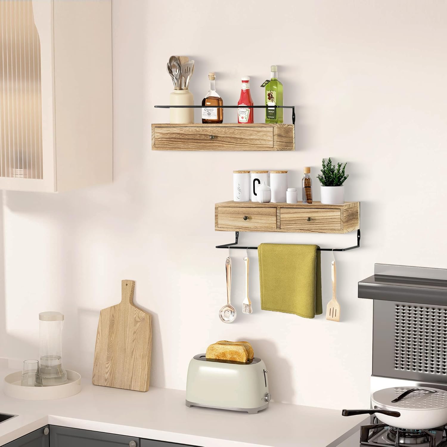 Rustic Floating Shelves with Drawer Set of 2 Brown