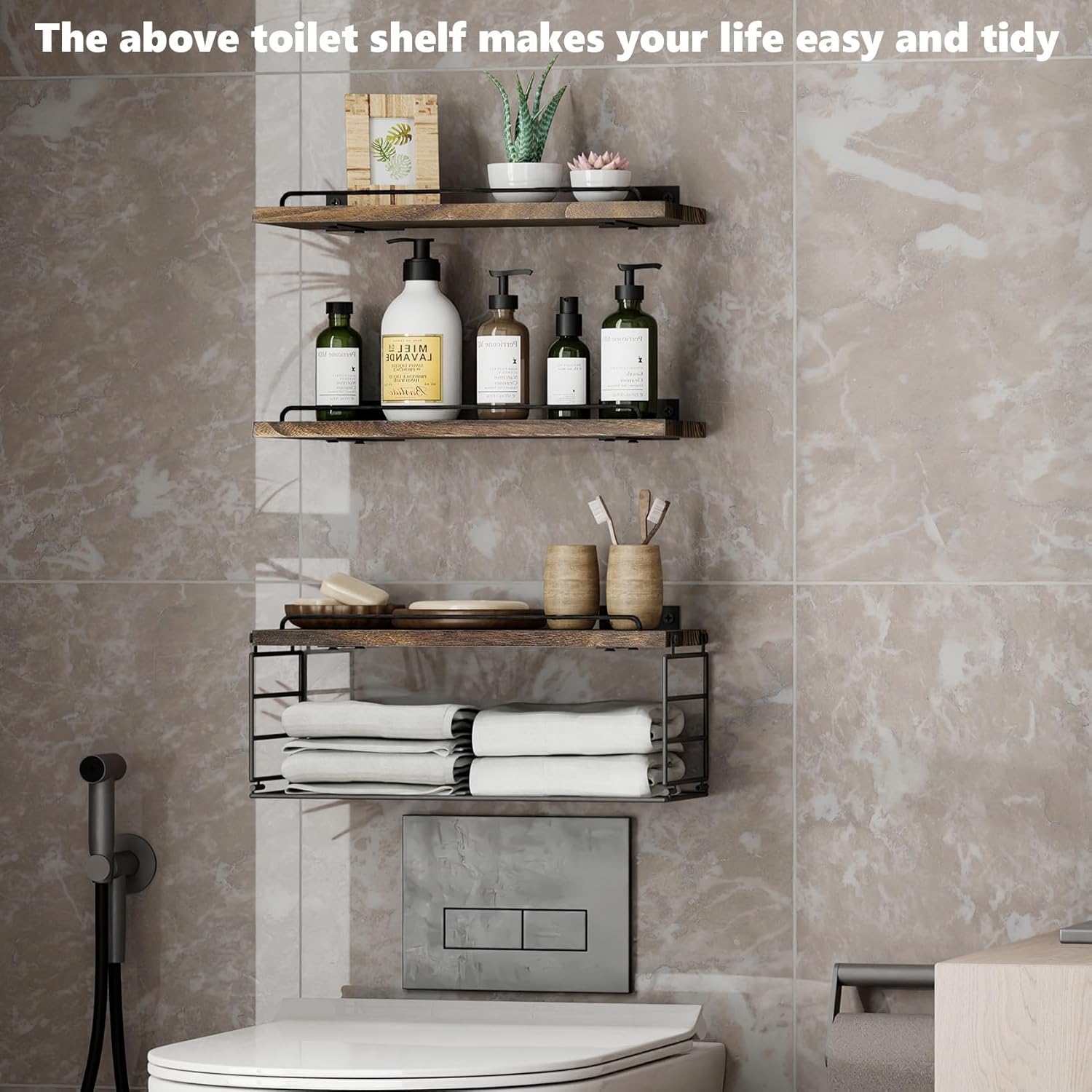 Bathroom Shelves Over Toilet with Guardrail Dark Brown 162 Inch Set of 3