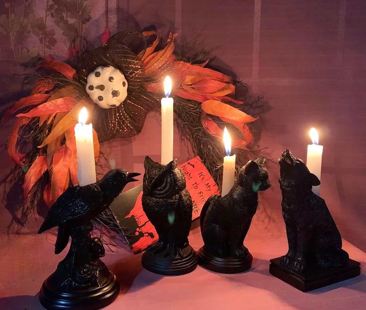 Dark Gothic Candlestick Holder - Raven Cat Wolf Halloween Decor