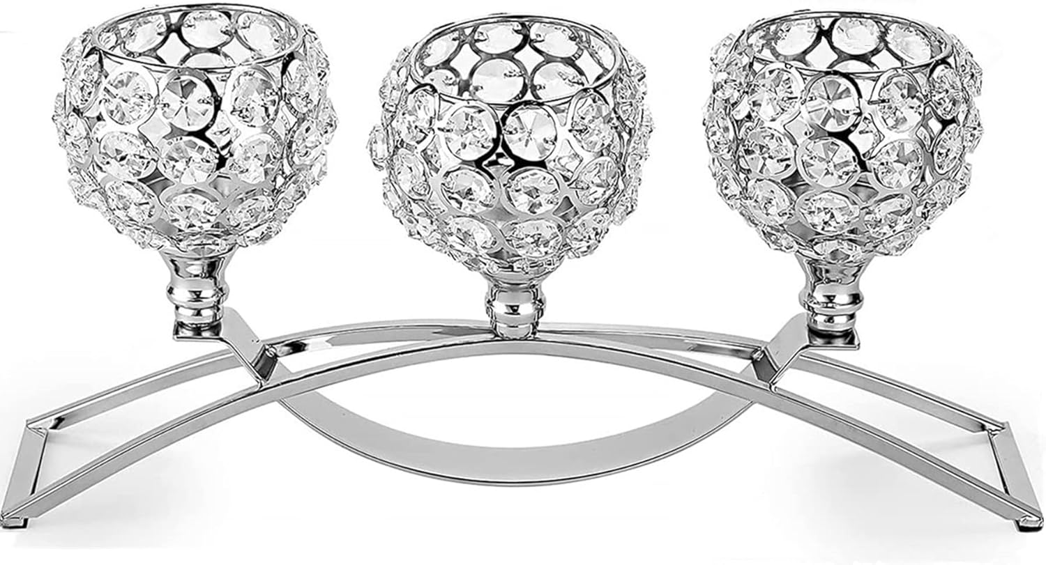 Silver Crystal Candle Holders 3 Arms Bling Table Centerpiece