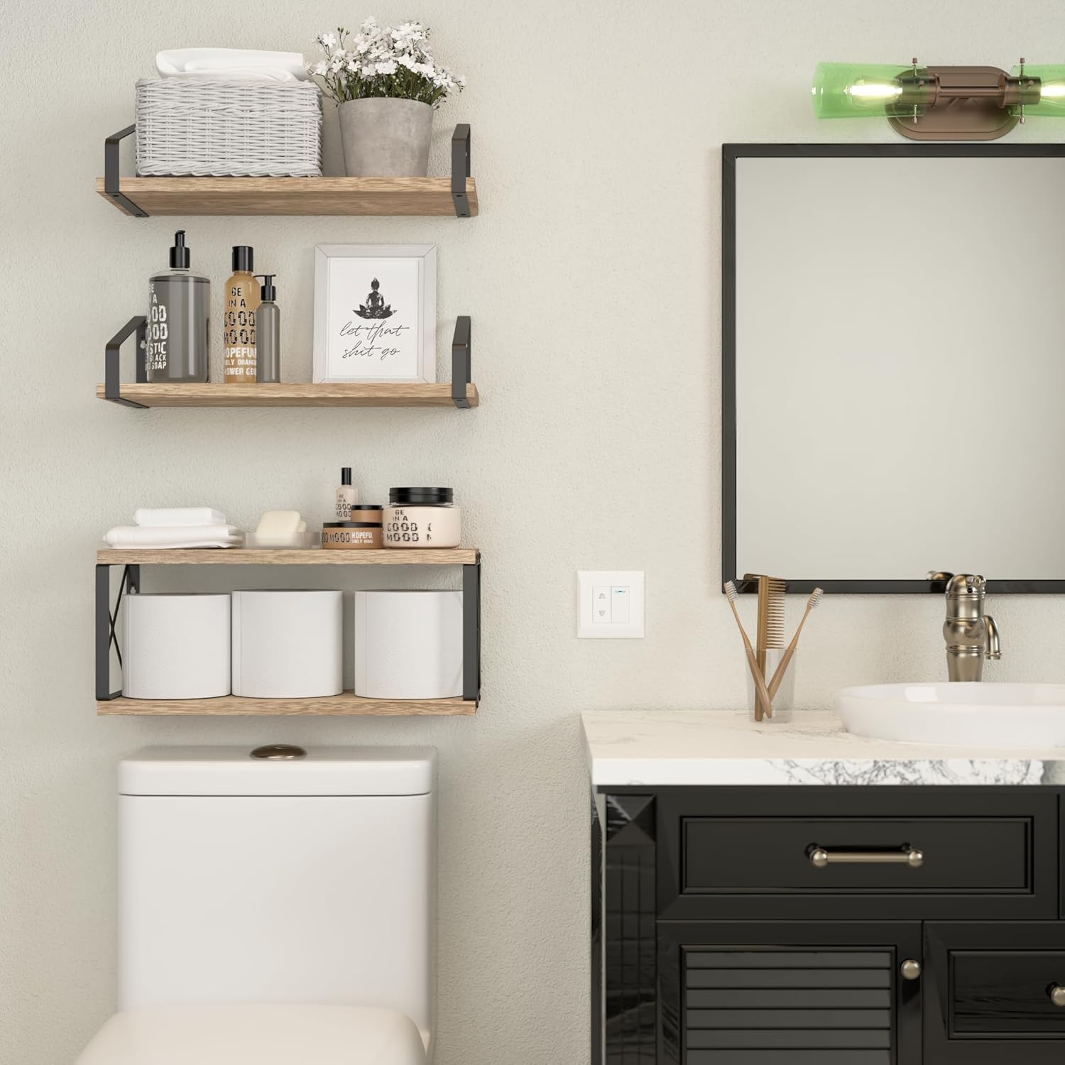 RICHER HOUSE Floating Bathroom Shelves with X-Structure Frame - Brown