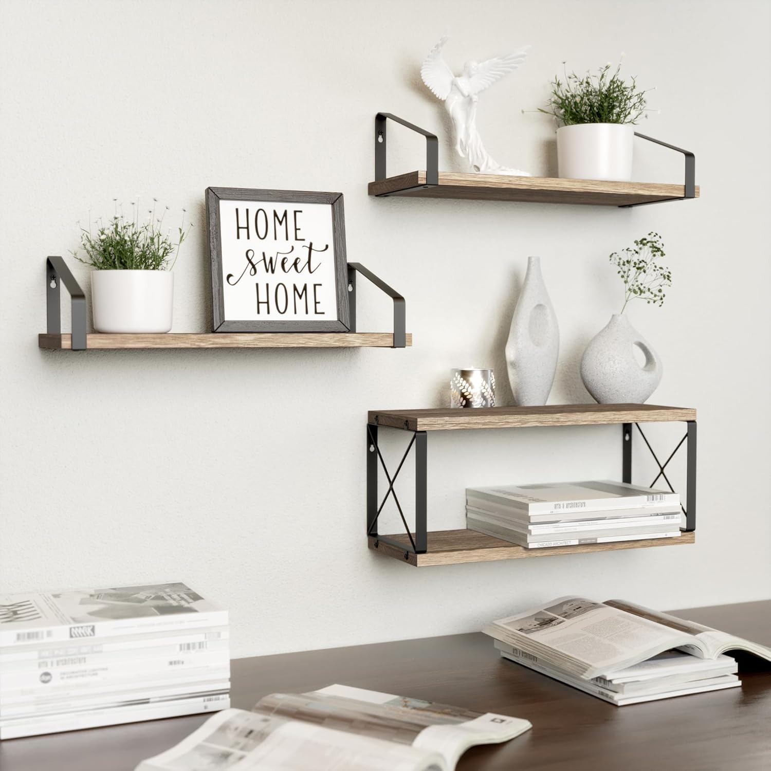 RICHER HOUSE Floating Bathroom Shelves with X-Structure Frame - Brown