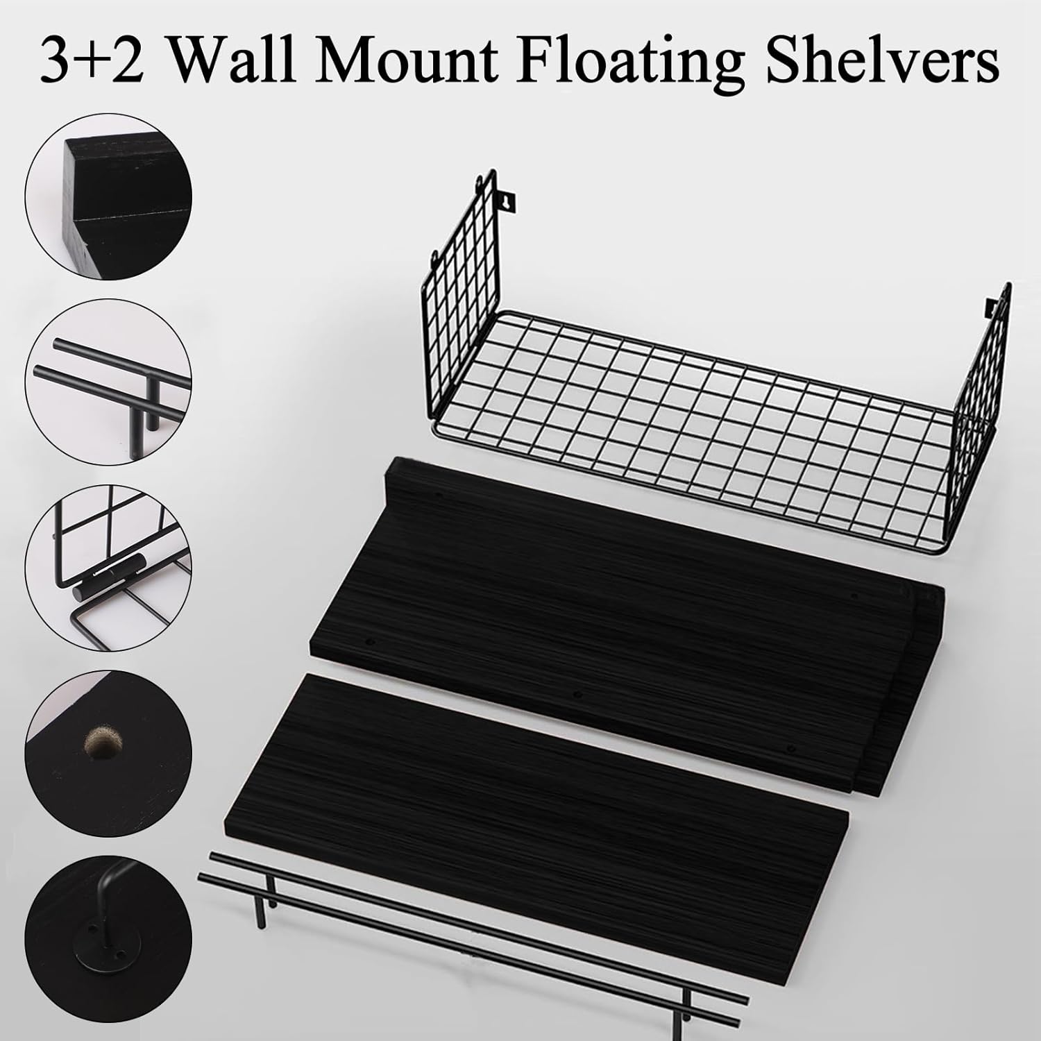 Kriulre Floating Shelves - Black Solid Wood Bookcase