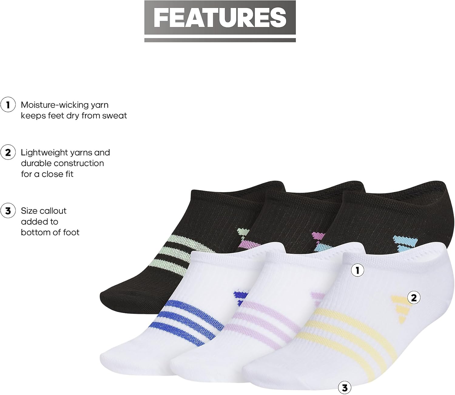 adidas Girls Athletic Socks 6-Pair No Show Superlite 30