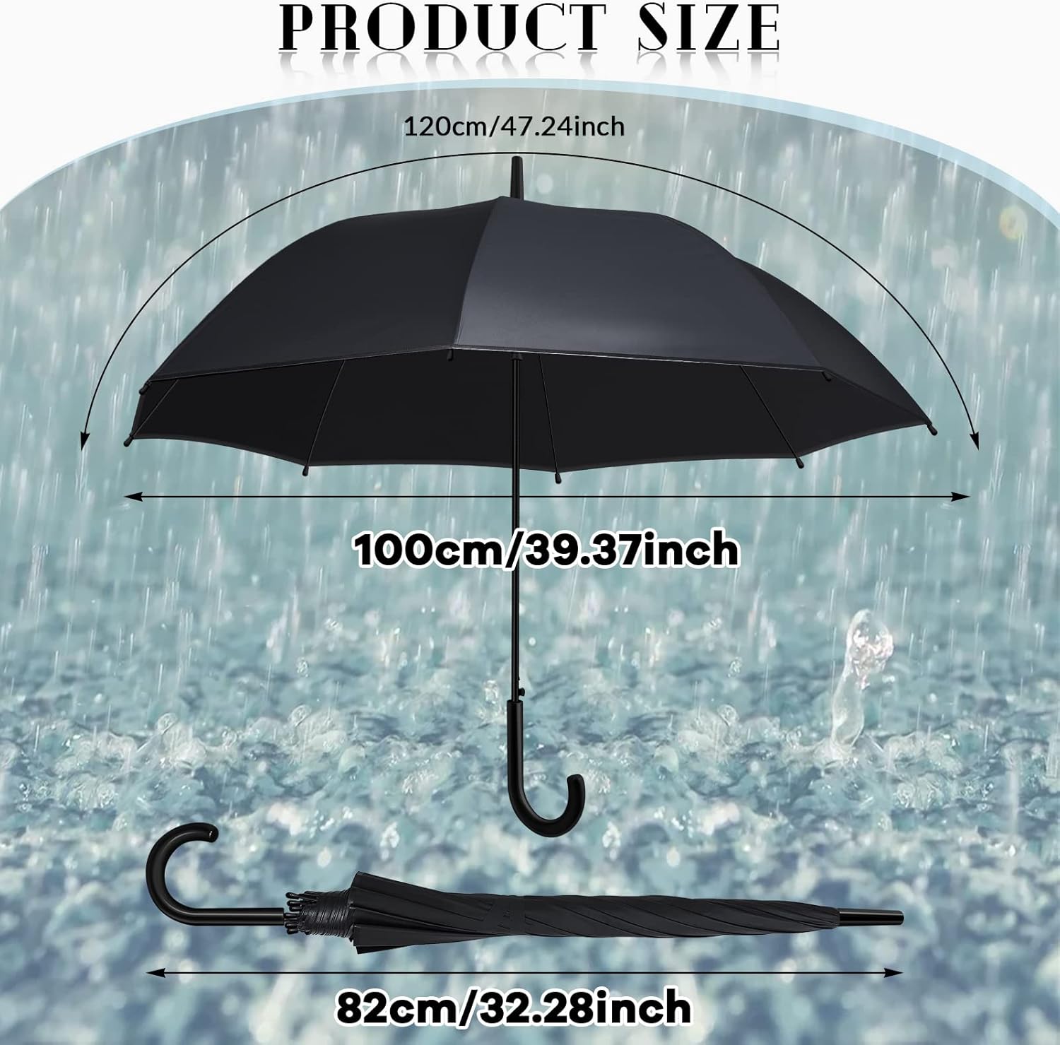 Reginary 12-Pack Black Windproof Stick Umbrellas with J Hook Handle