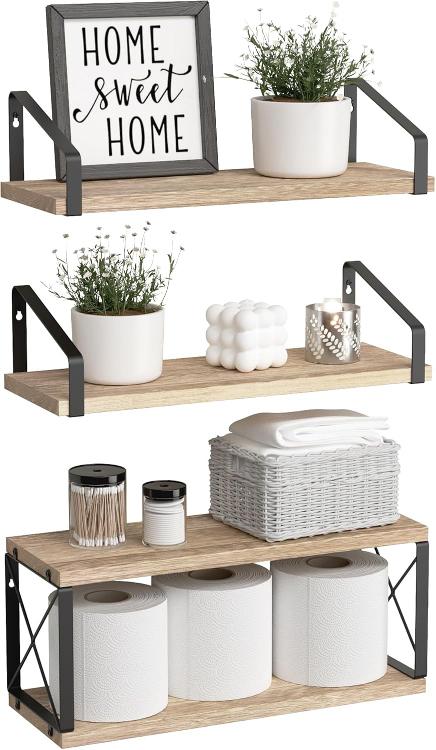 RICHER HOUSE Floating Bathroom Shelves with X-Structure Frame - Brown