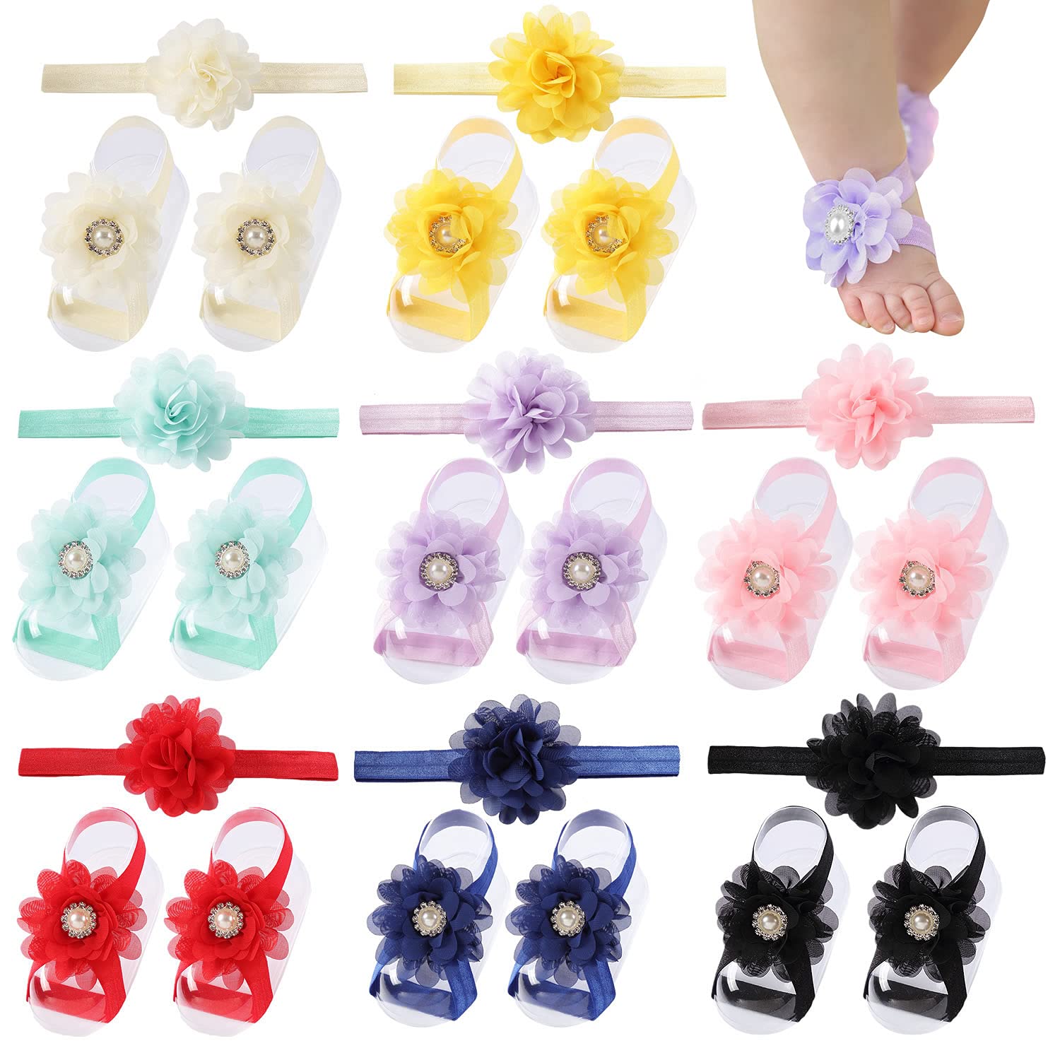 Cinaci 8 Pairs Chiffon Flower Barefoot Sandals with Headbands for Baby Girls
