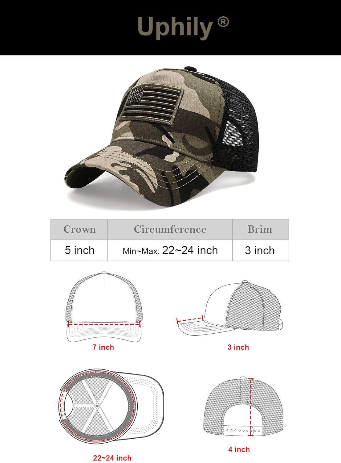 Uphily Camo American Flag Snapback Cap
