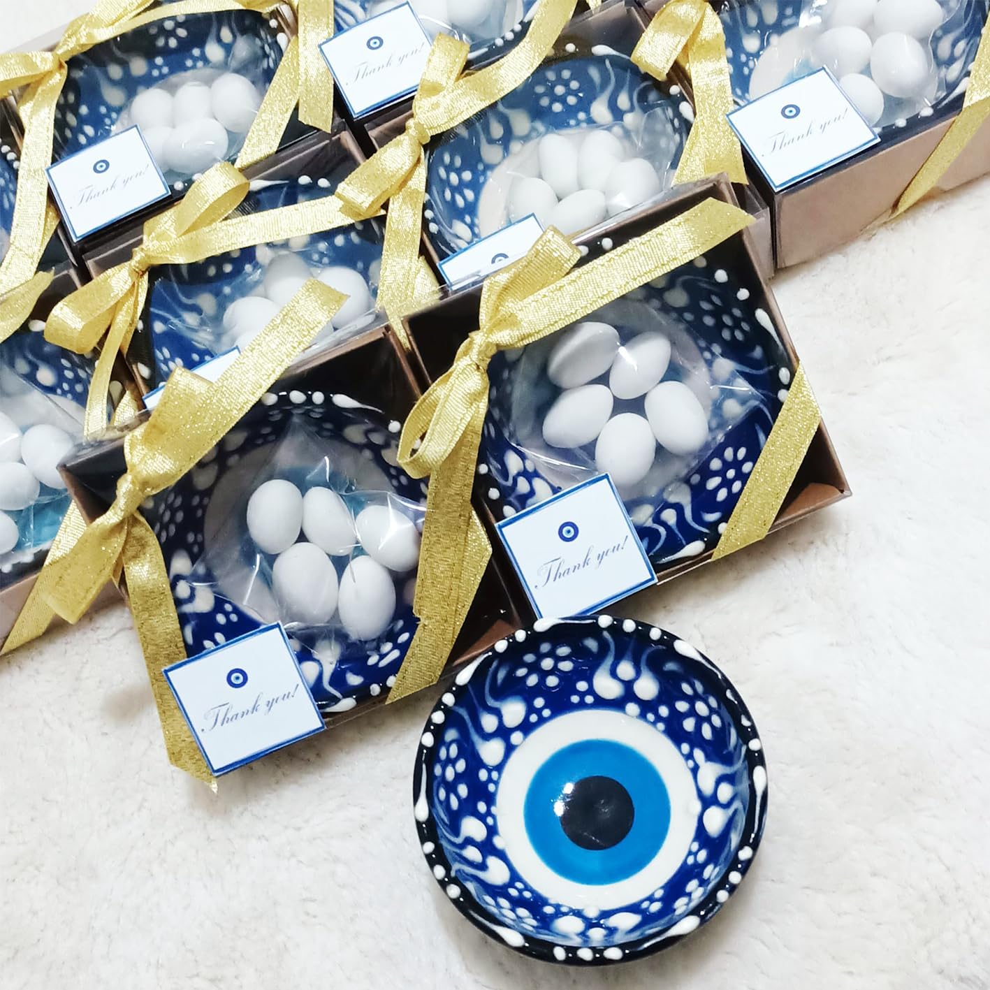 12 PCS Evil Eye Ceramic Bowls with Gold Ribbon and Almond Candy