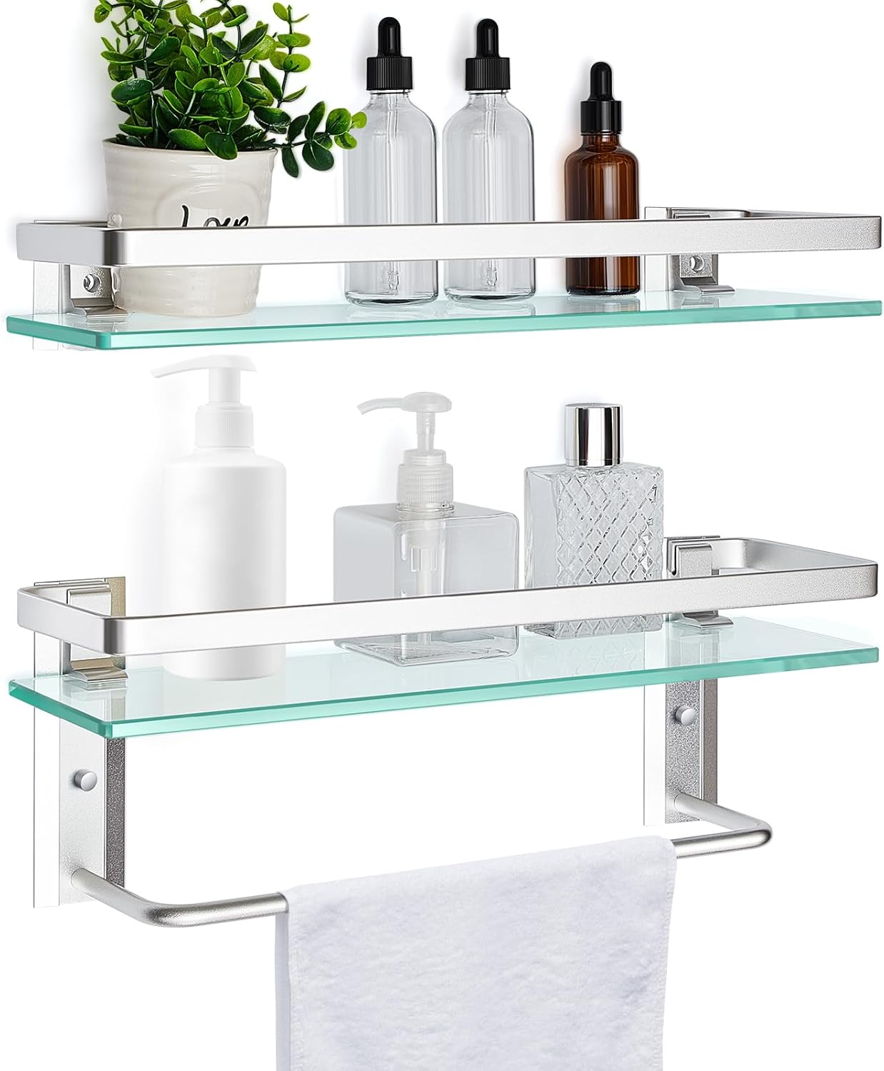 Suzile 2-Pcs Floating Glass Bathroom Shelf with Towel Bar