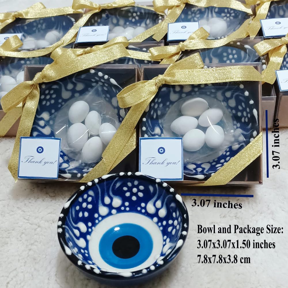 12 PCS Evil Eye Ceramic Bowls with Gold Ribbon and Almond Candy