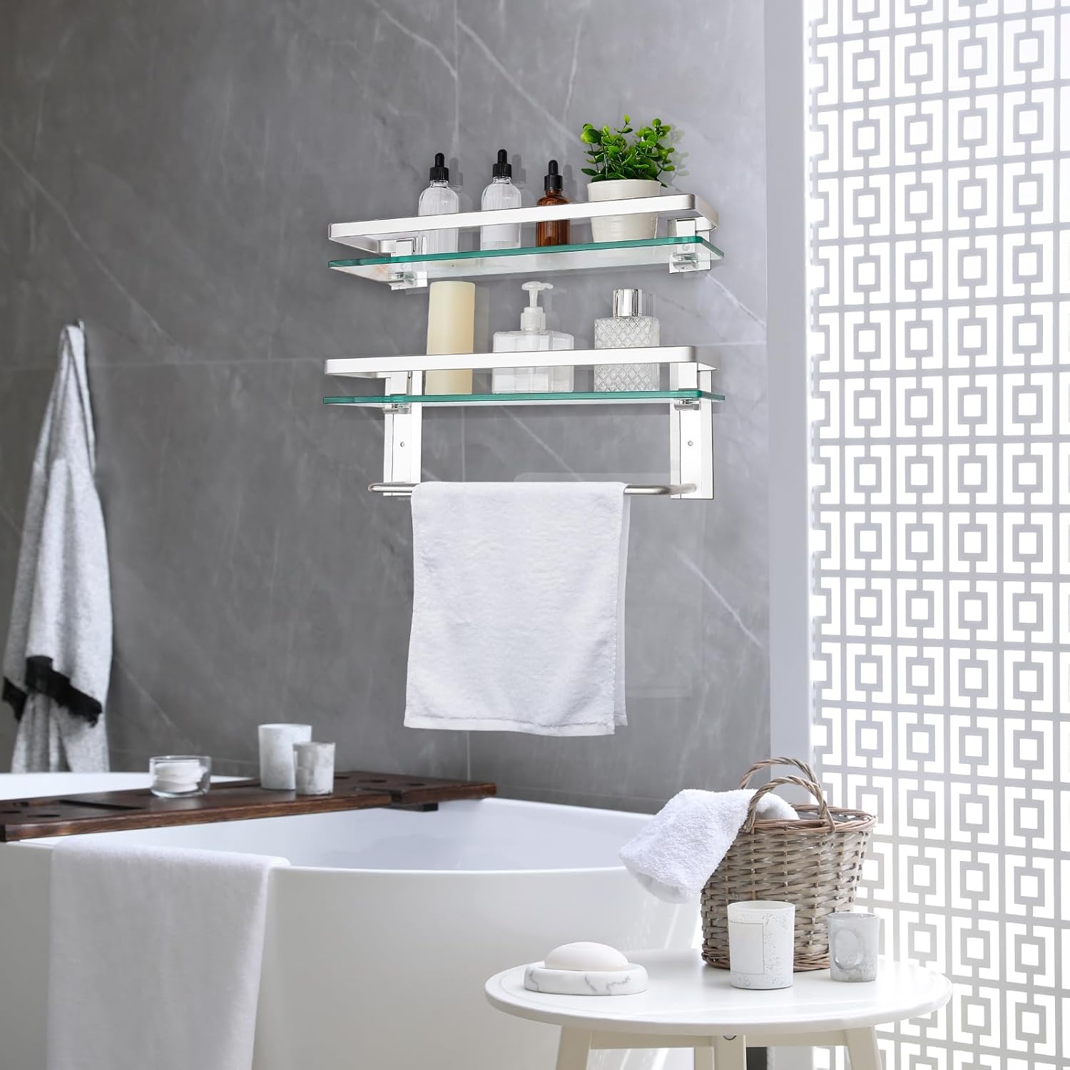 Suzile 2-Pcs Floating Glass Bathroom Shelf with Towel Bar