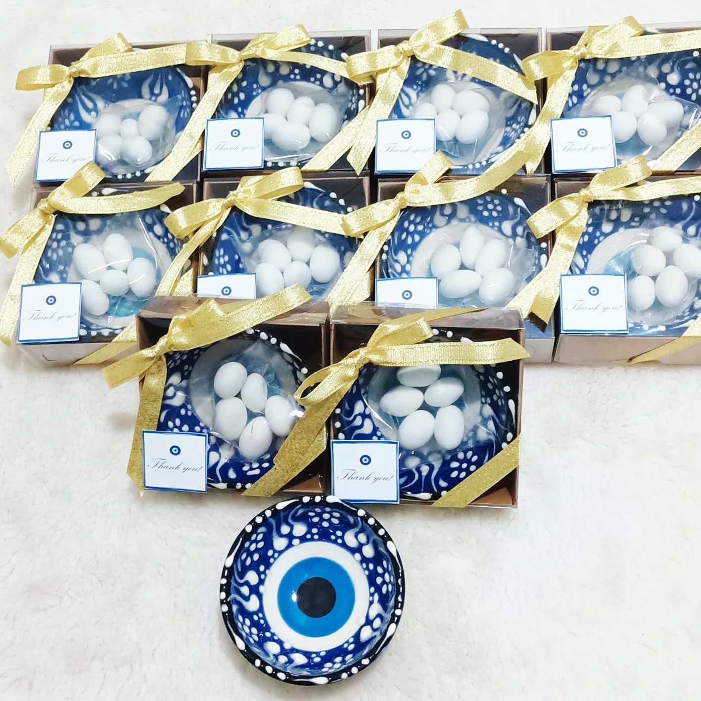 12 PCS Evil Eye Ceramic Bowls with Gold Ribbon and Almond Candy