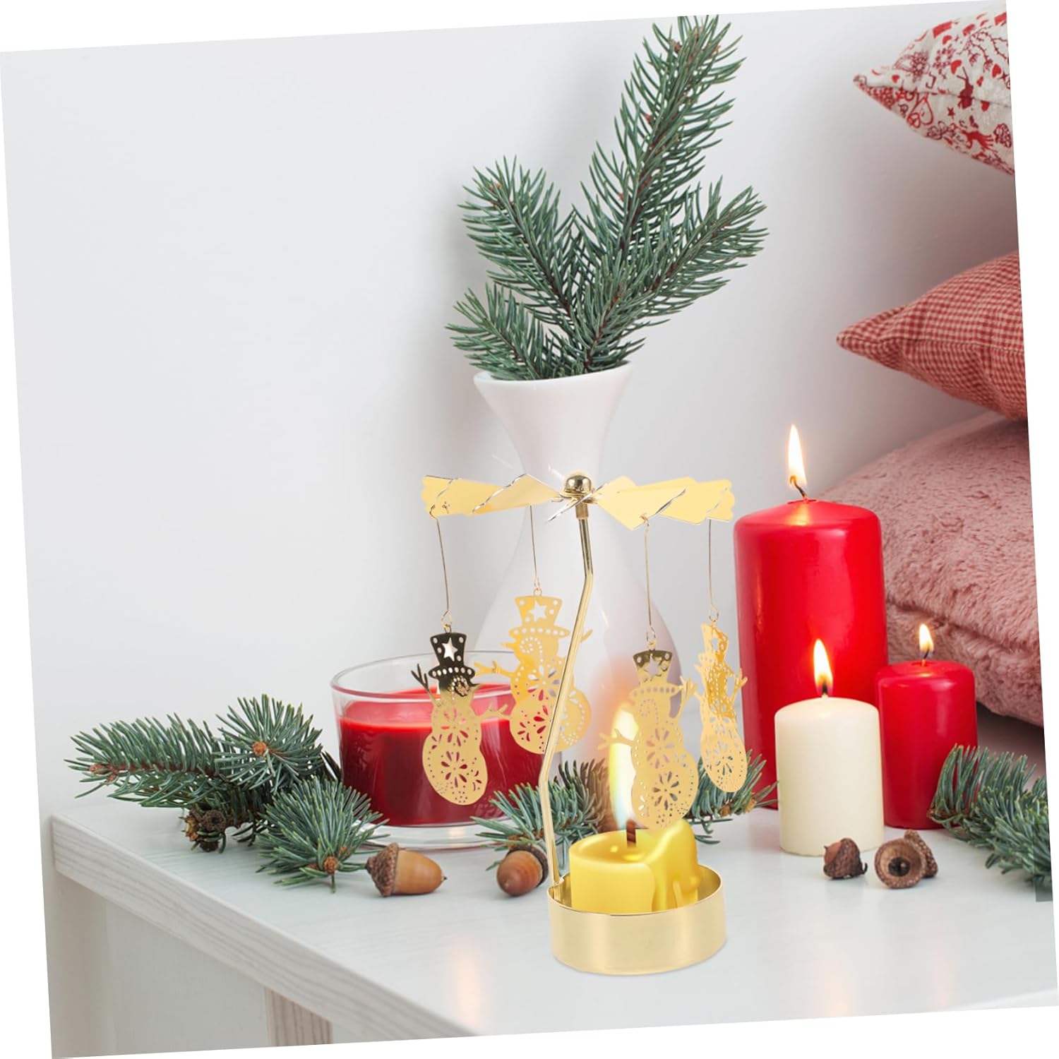 Rotating Carousel Candle Holder Snowman Metal Decor for Christmas
