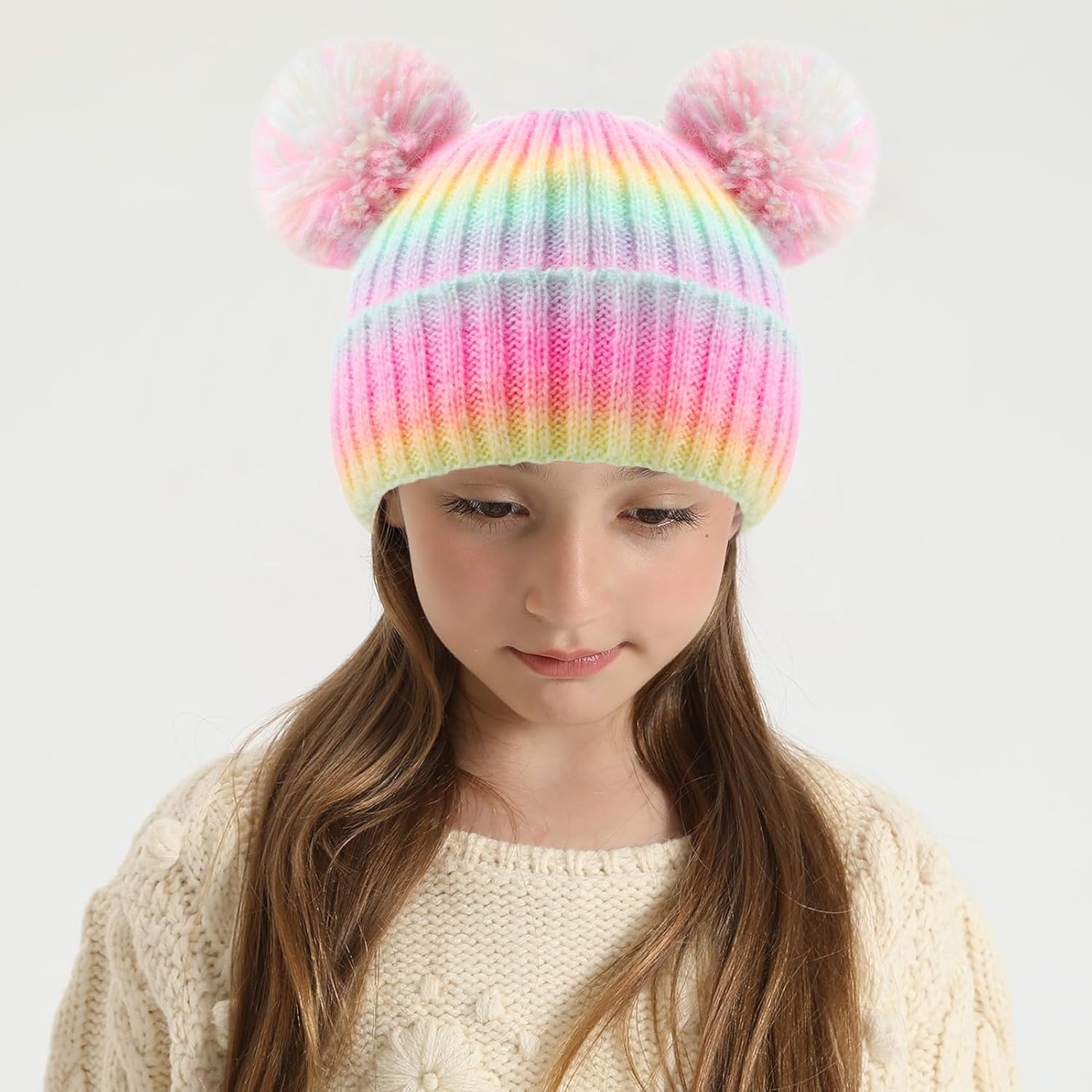 ACTLATI Kids Winter Knitted Beanie with Pom Pom Ears