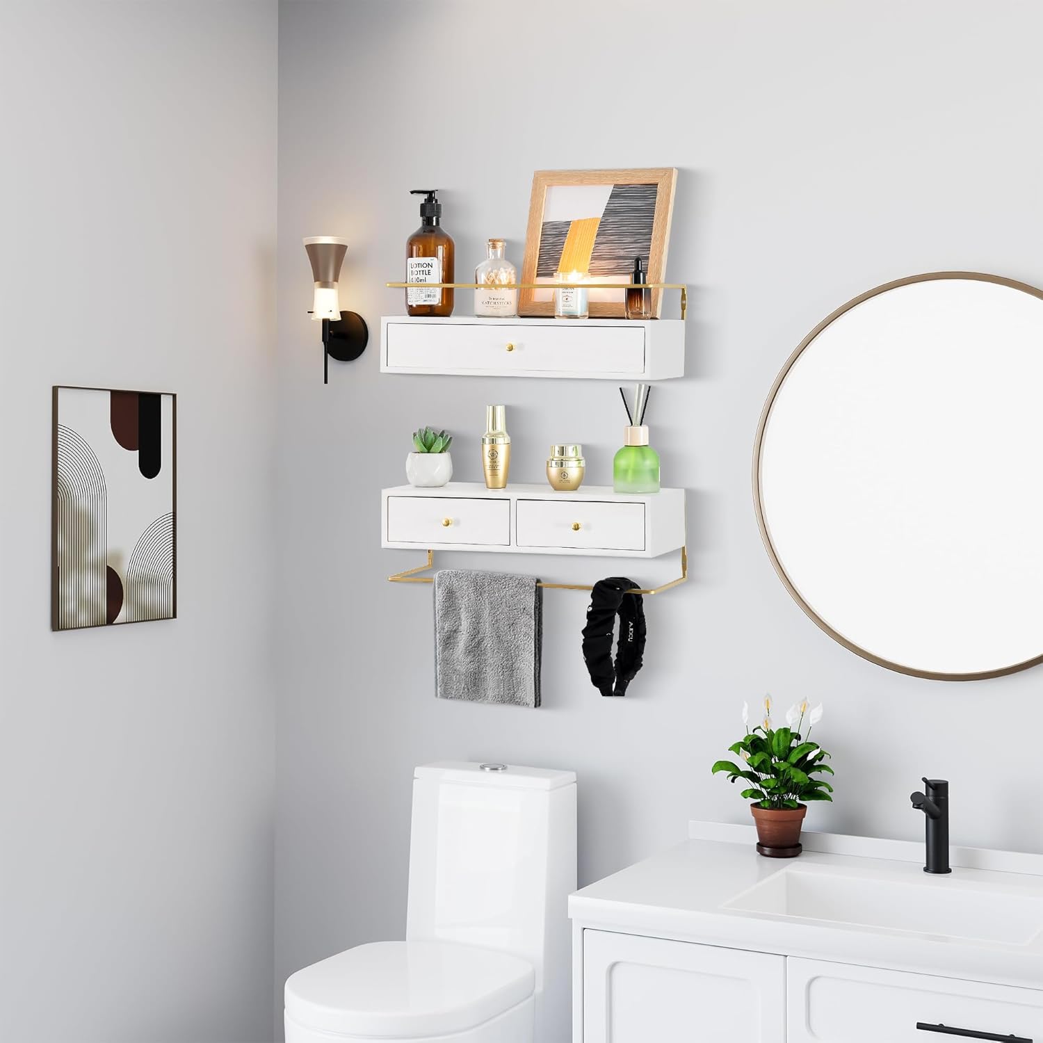 Rustic Floating Shelves with Drawer Set of 2 White