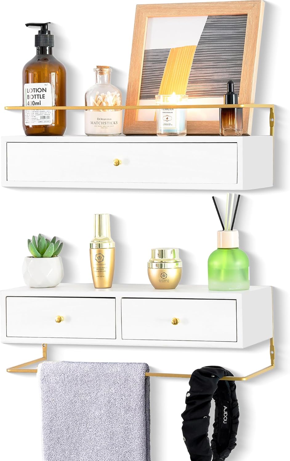 Rustic Floating Shelves with Drawer Set of 2 White