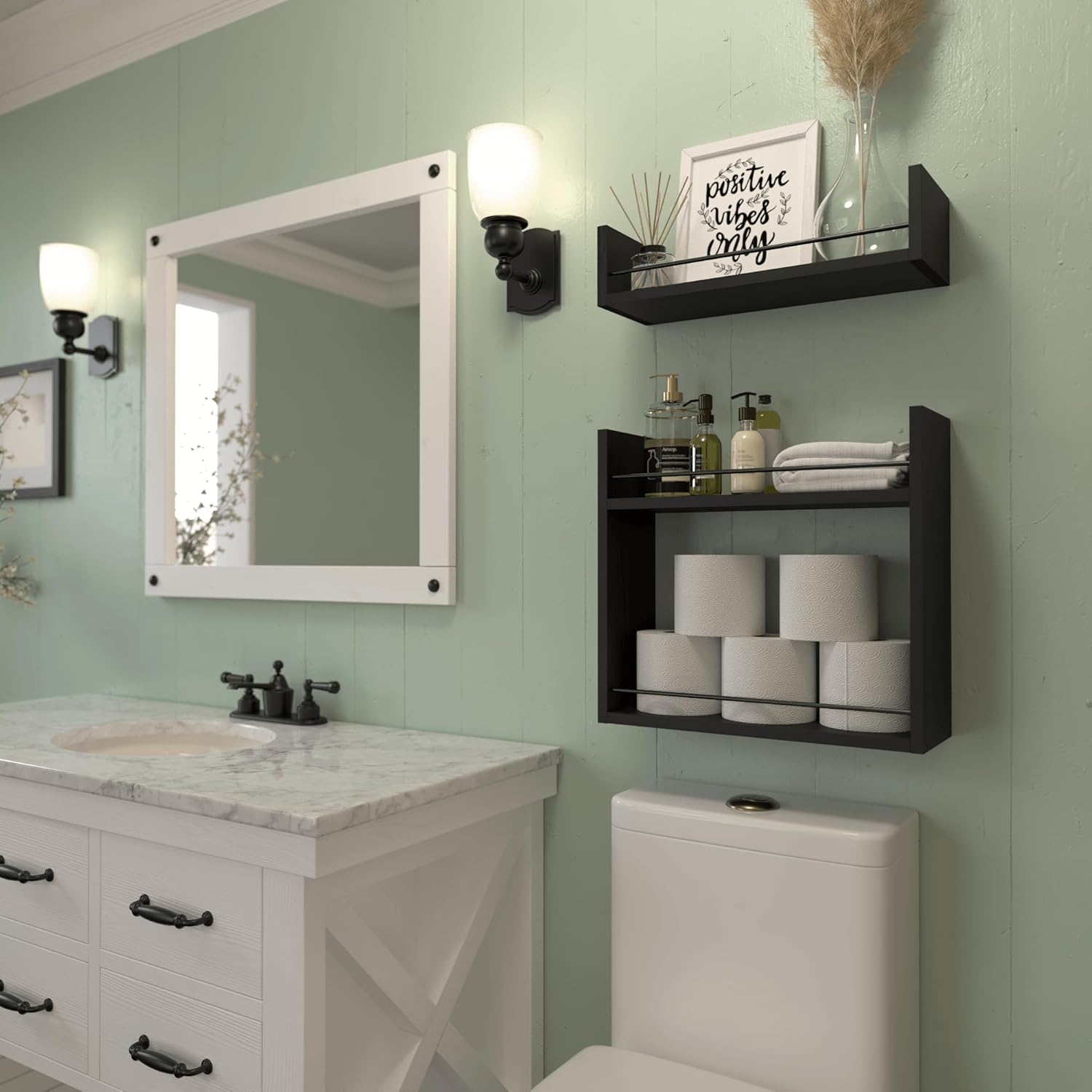 RICHER HOUSE Floating Wall Shelves with Towel Bar - Black 1