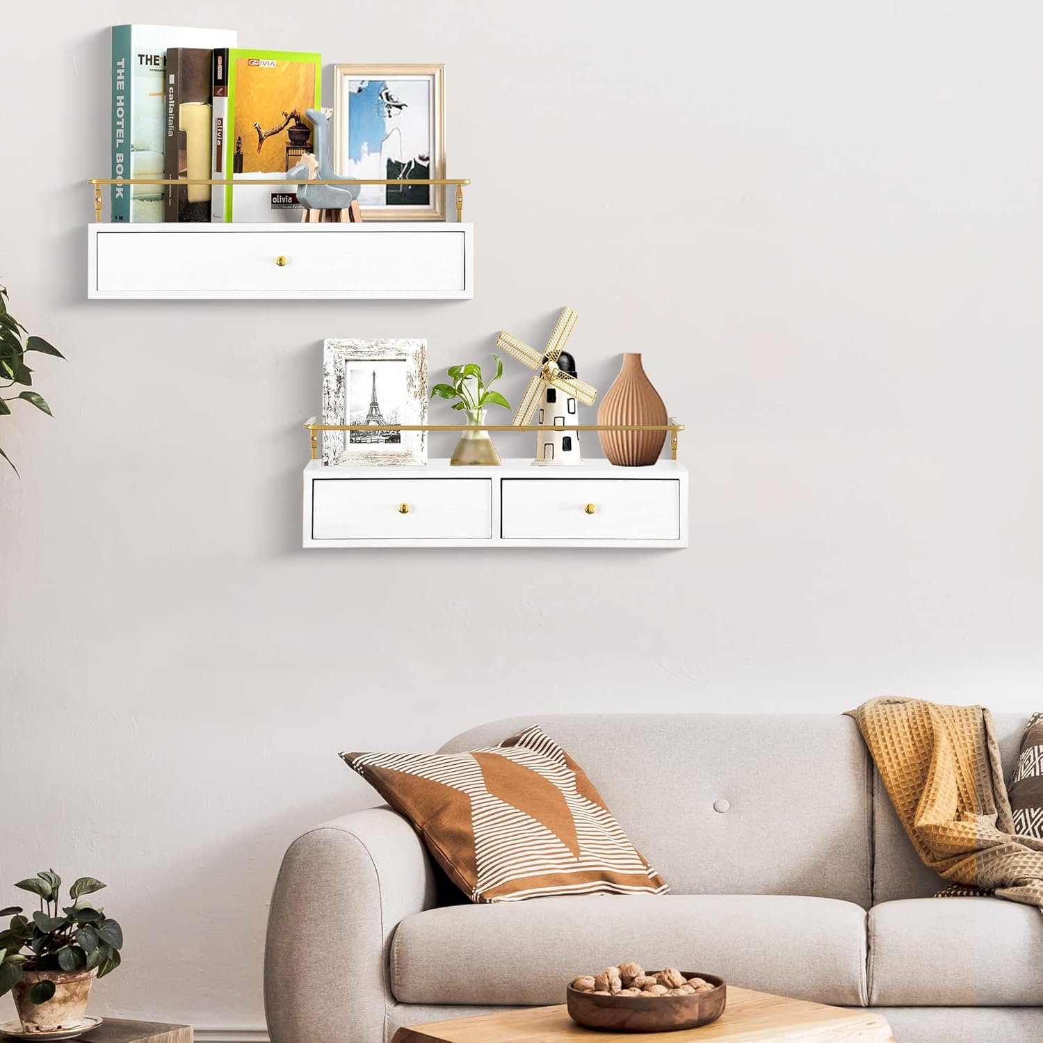 Rustic Floating Shelves with Drawer Set of 2 White