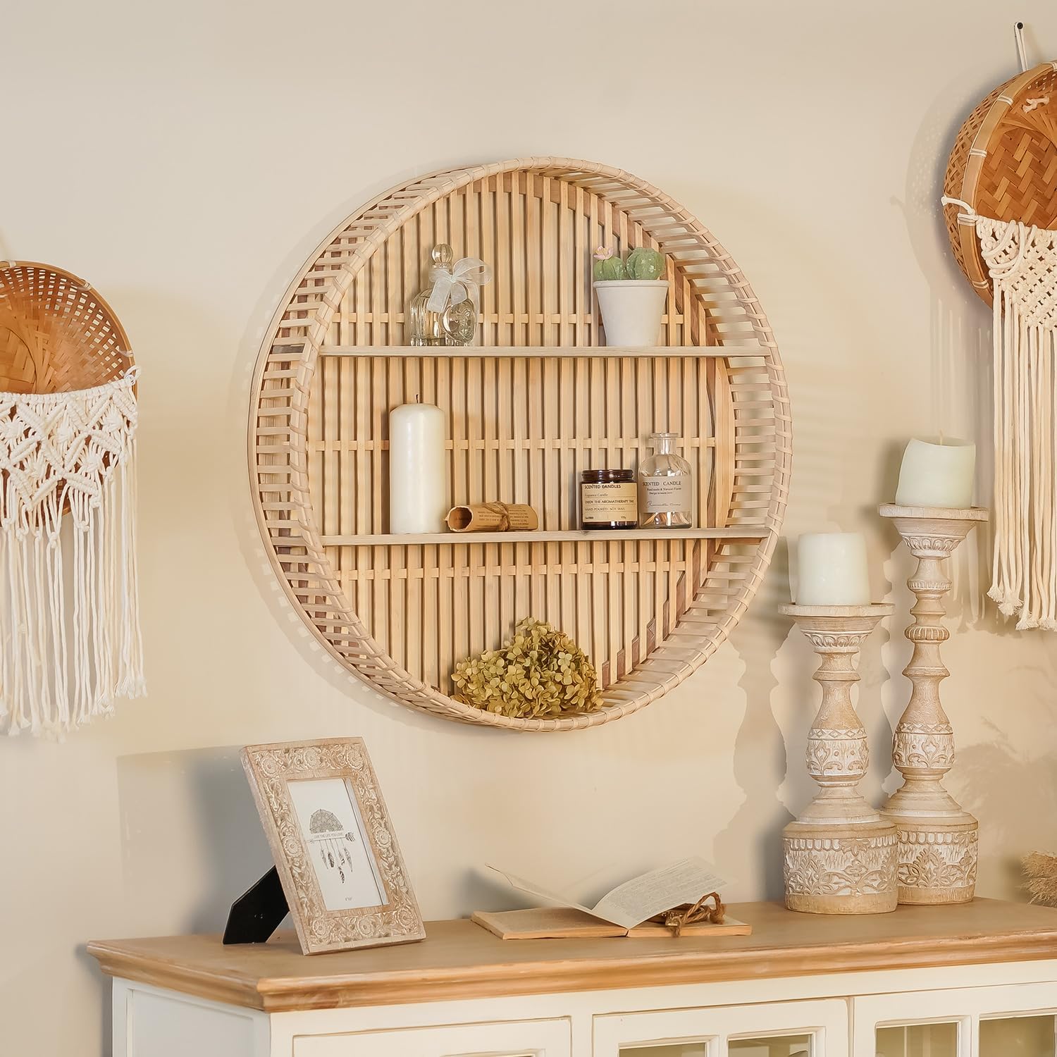 3 Tier Rattan Wall Shelf Boho Farmhouse Decor