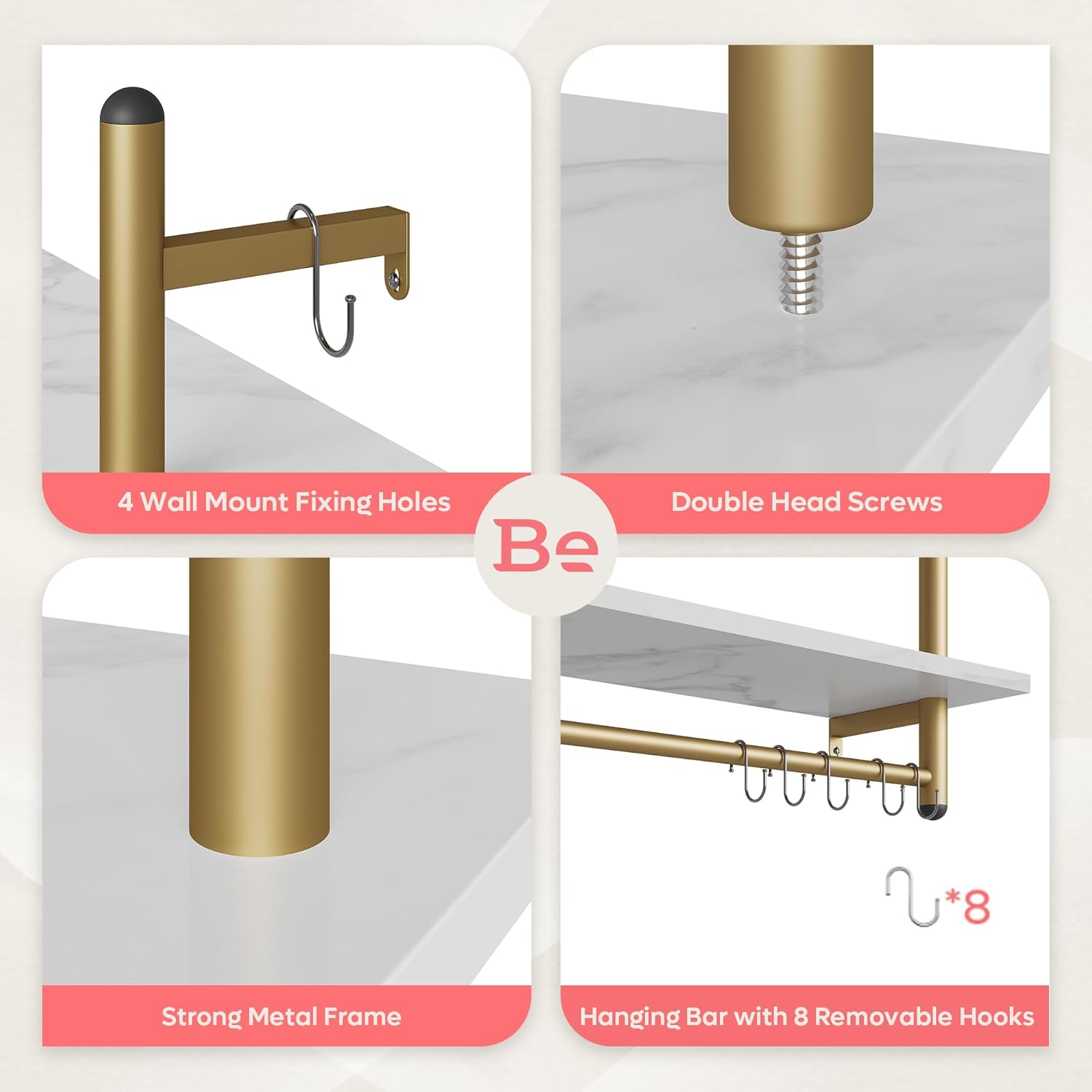 Bestier 24 inch White Marble Floating Shelves with Towel Bar