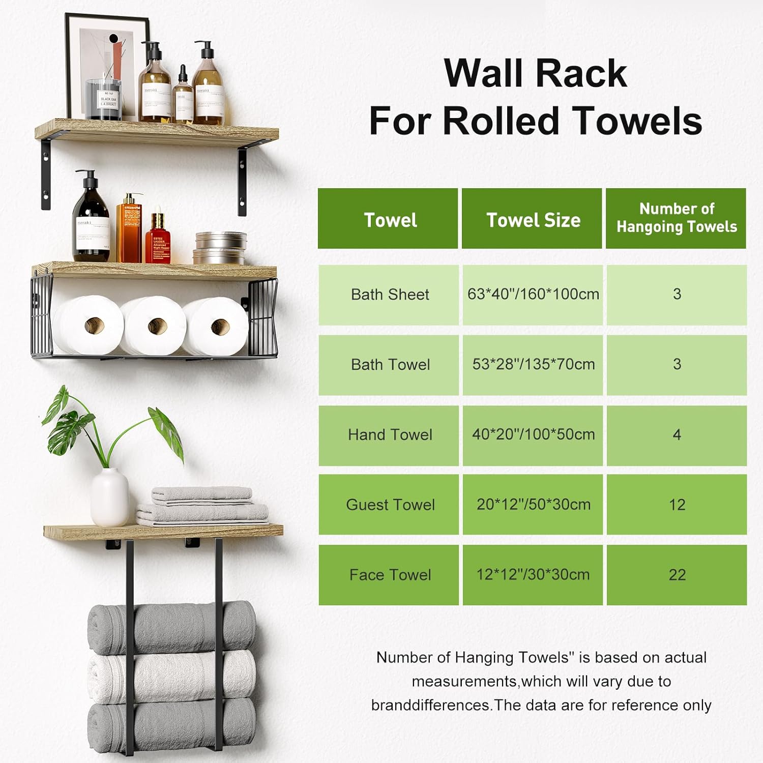 HAMITOR Floating Shelves Over Toilet - Rustic Wood Storage Towel Rack