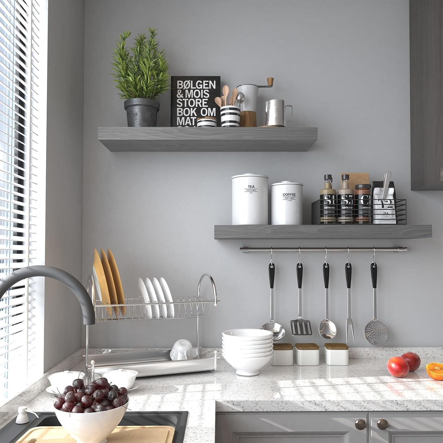 PopiShelves Floating Shelves Set of 2 17 Inch Natural Wood Grey 1