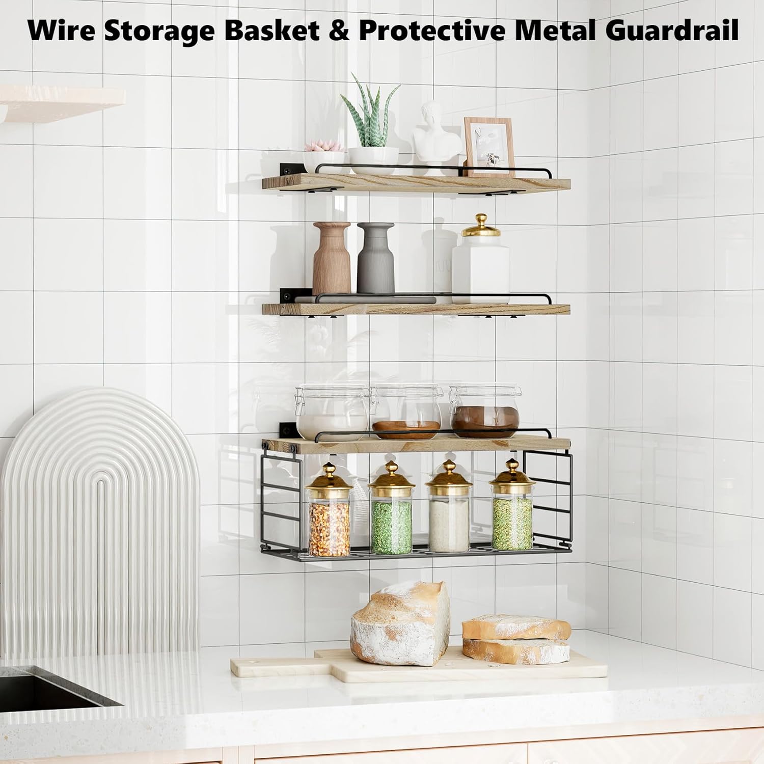 YXDXF Farmhouse Floating Shelf Set of 3 with Guardrail