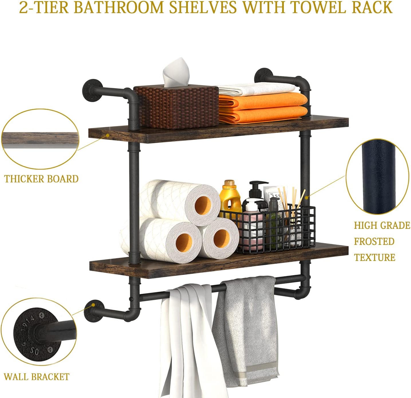 Helsin 24inch Floating Shelf with Iron Pipe and Towel Rack