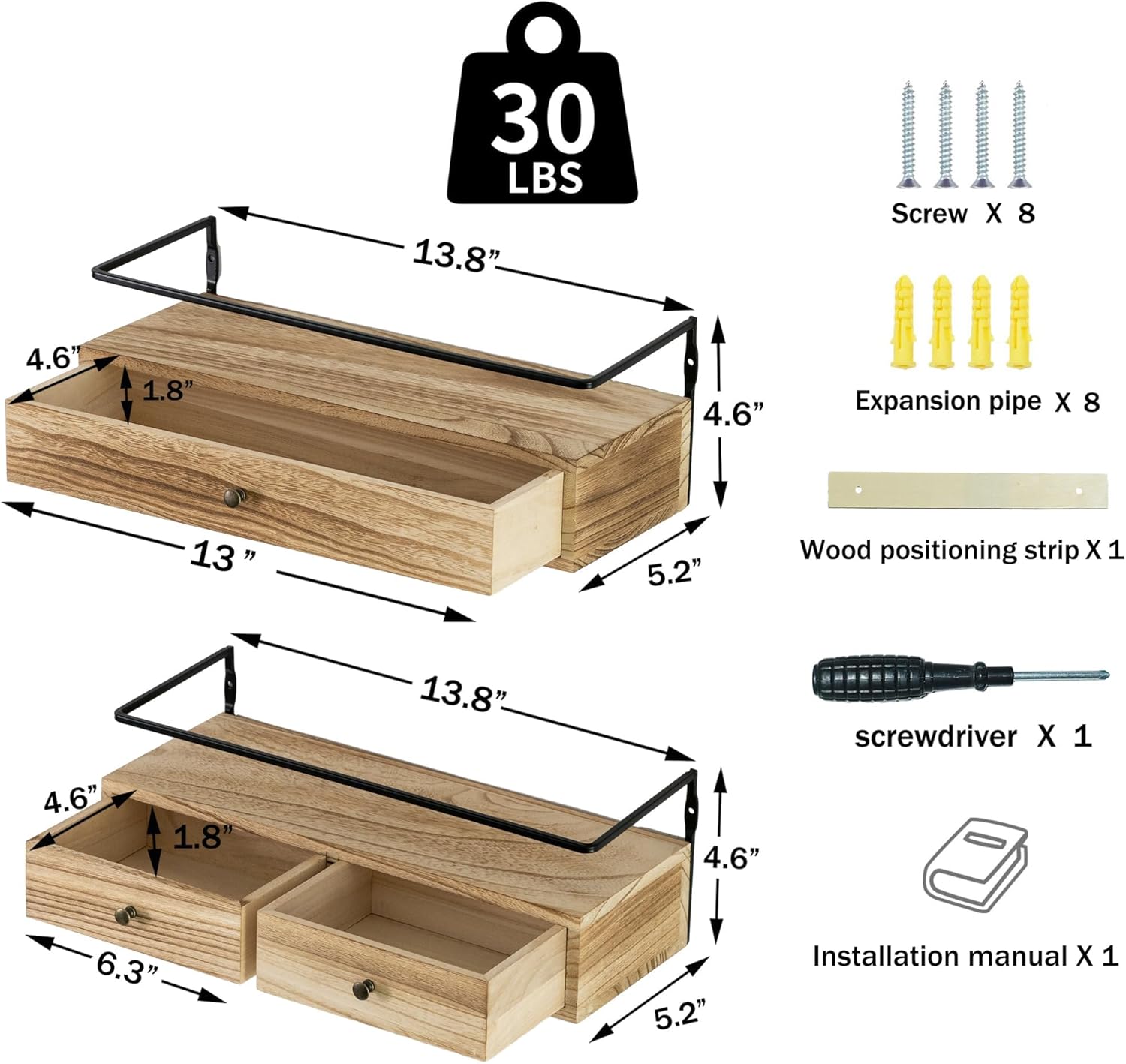 Rustic Floating Shelves with Drawer Set of 2 Brown