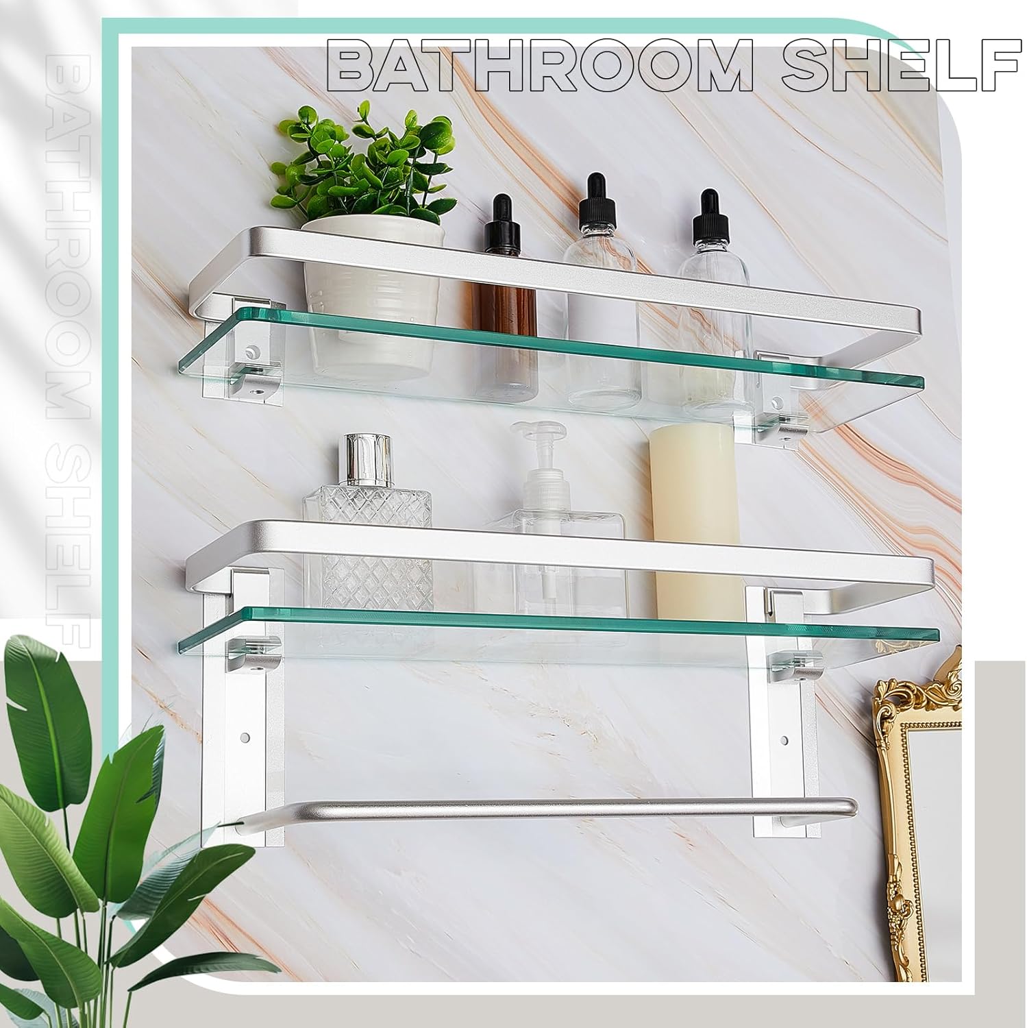 Suzile 2-Pcs Floating Glass Bathroom Shelf with Towel Bar