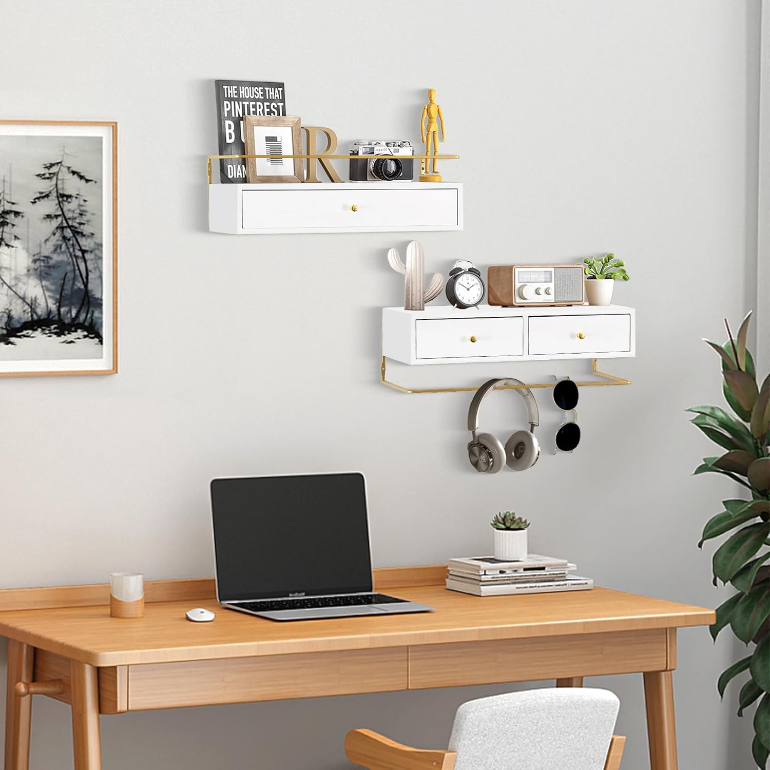 Rustic Floating Shelves with Drawer Set of 2 White