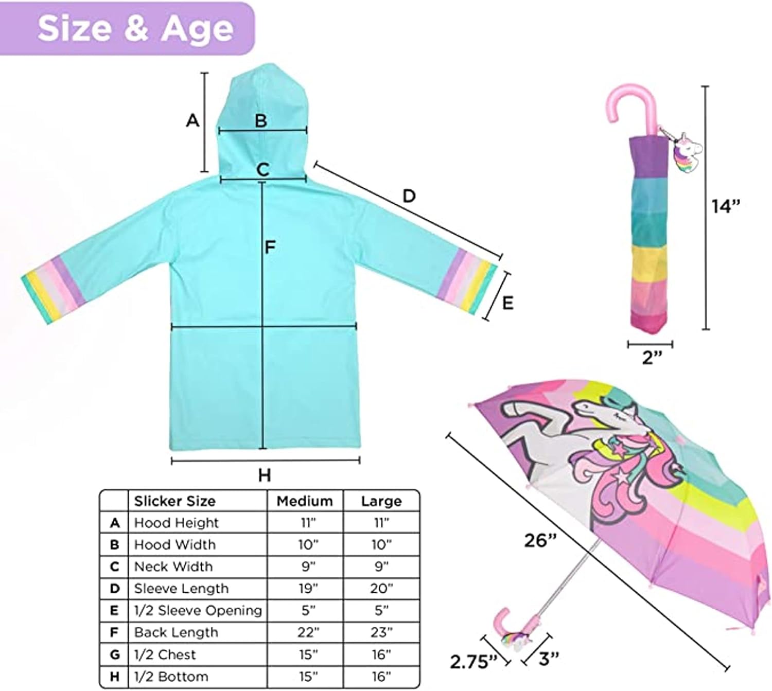 Addie Tate Kids Umbrella and Raincoat Set for Boys Girls