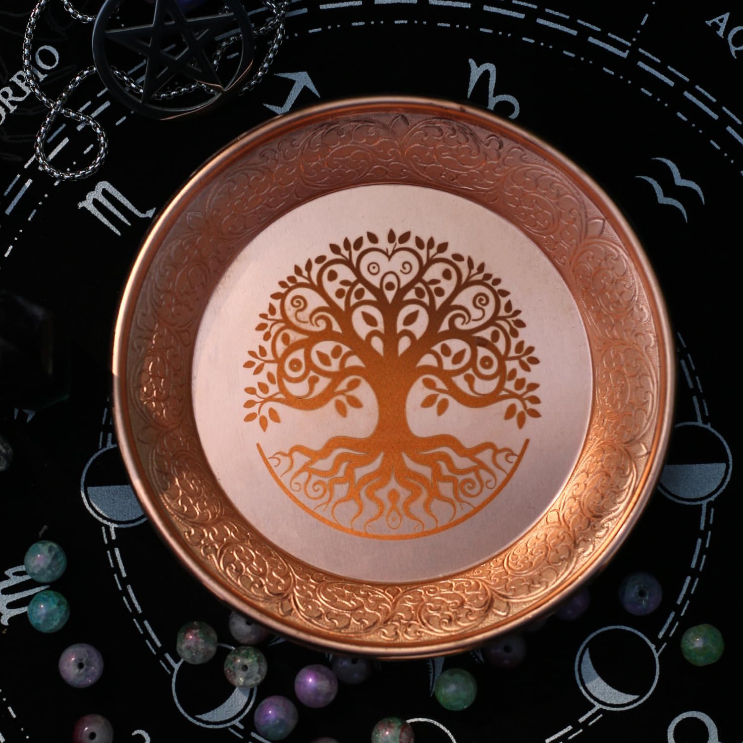 Copper Offering Bowl - Tree of Life Carving Decorative Plate