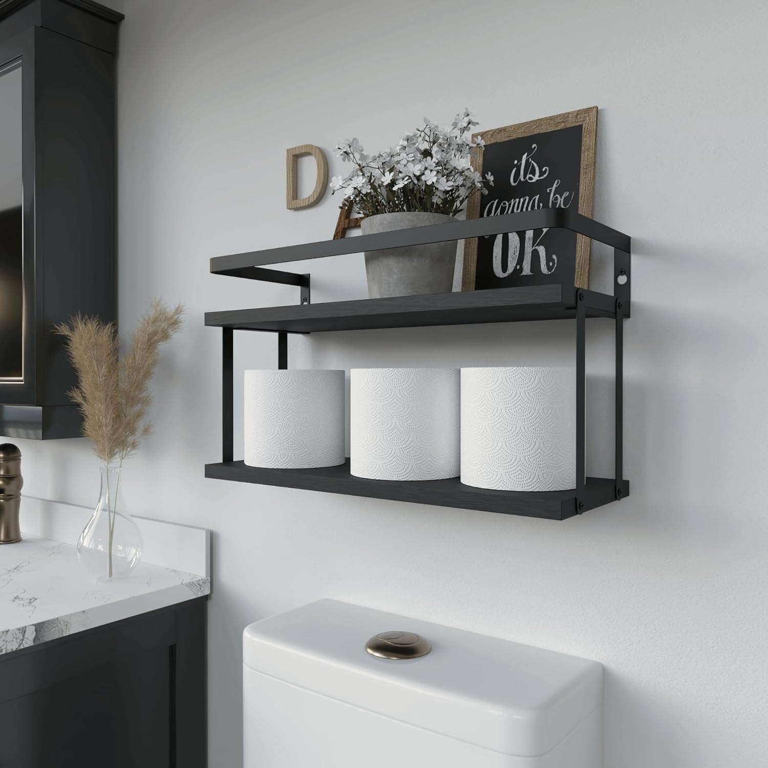 RICHER HOUSE Dual-Level Wood Floating Shelves with Guardrail - Black