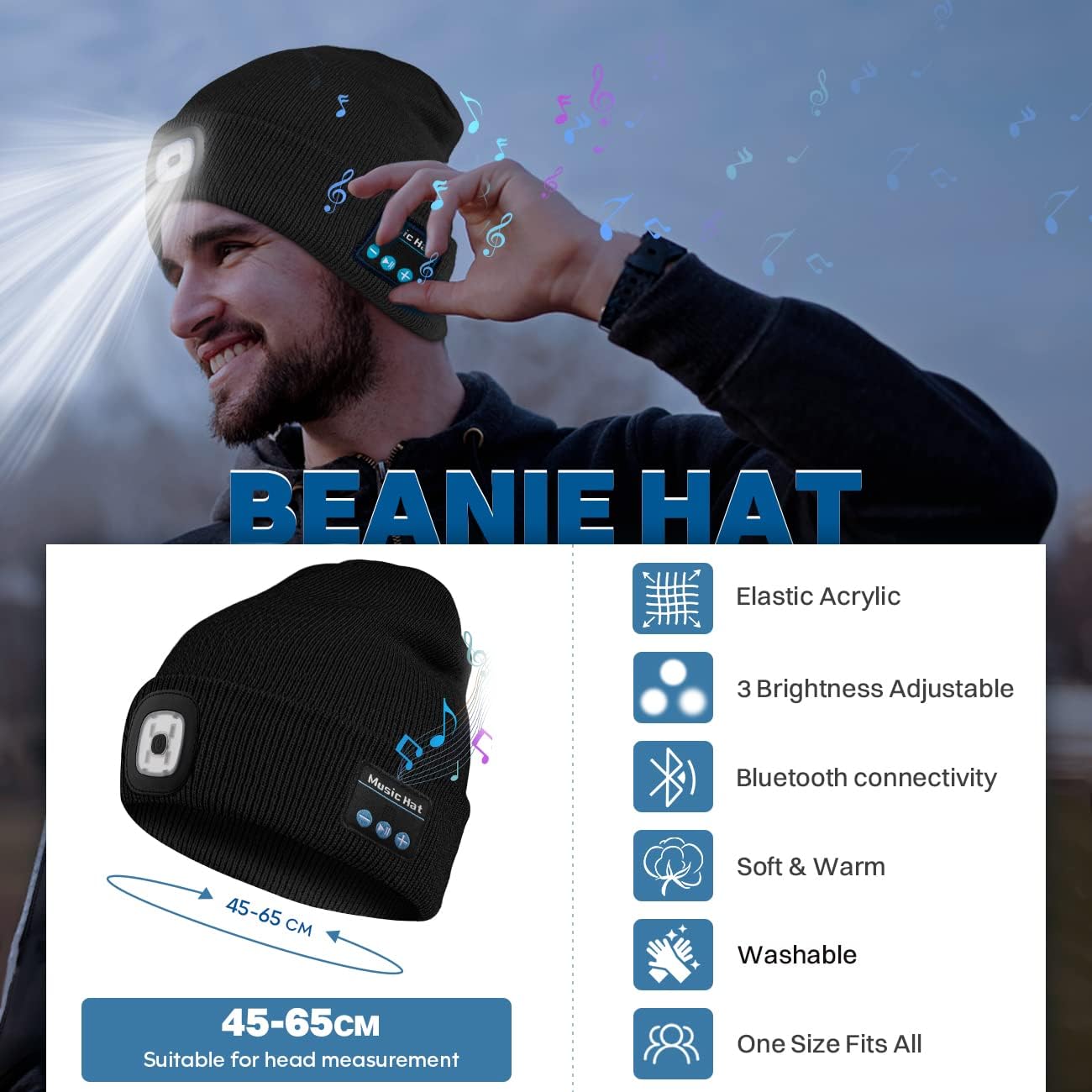 Bosttor Bluetooth Beanie with Headlight and Speakers