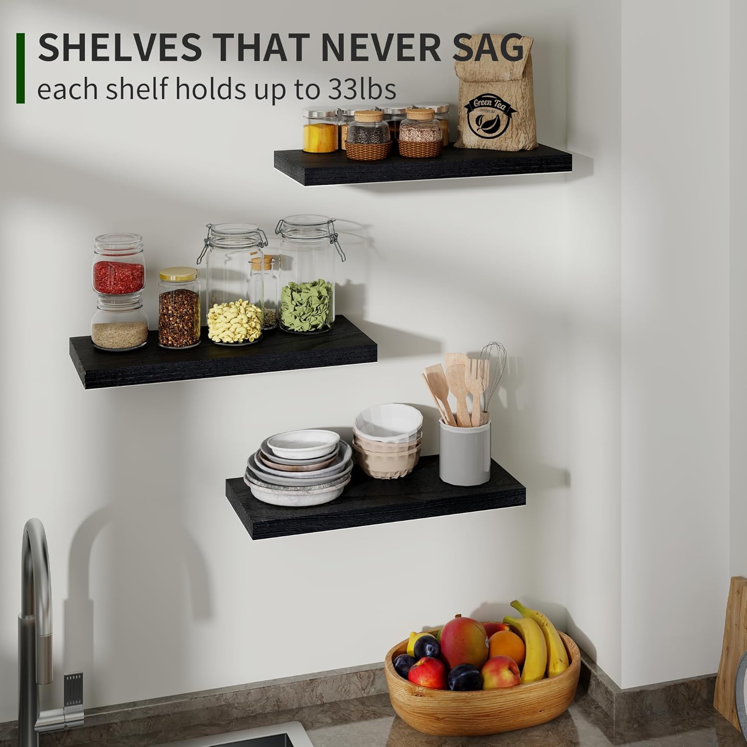Marsmiles Rustic Floating Shelves Set of 3 17 Inch Wide Black