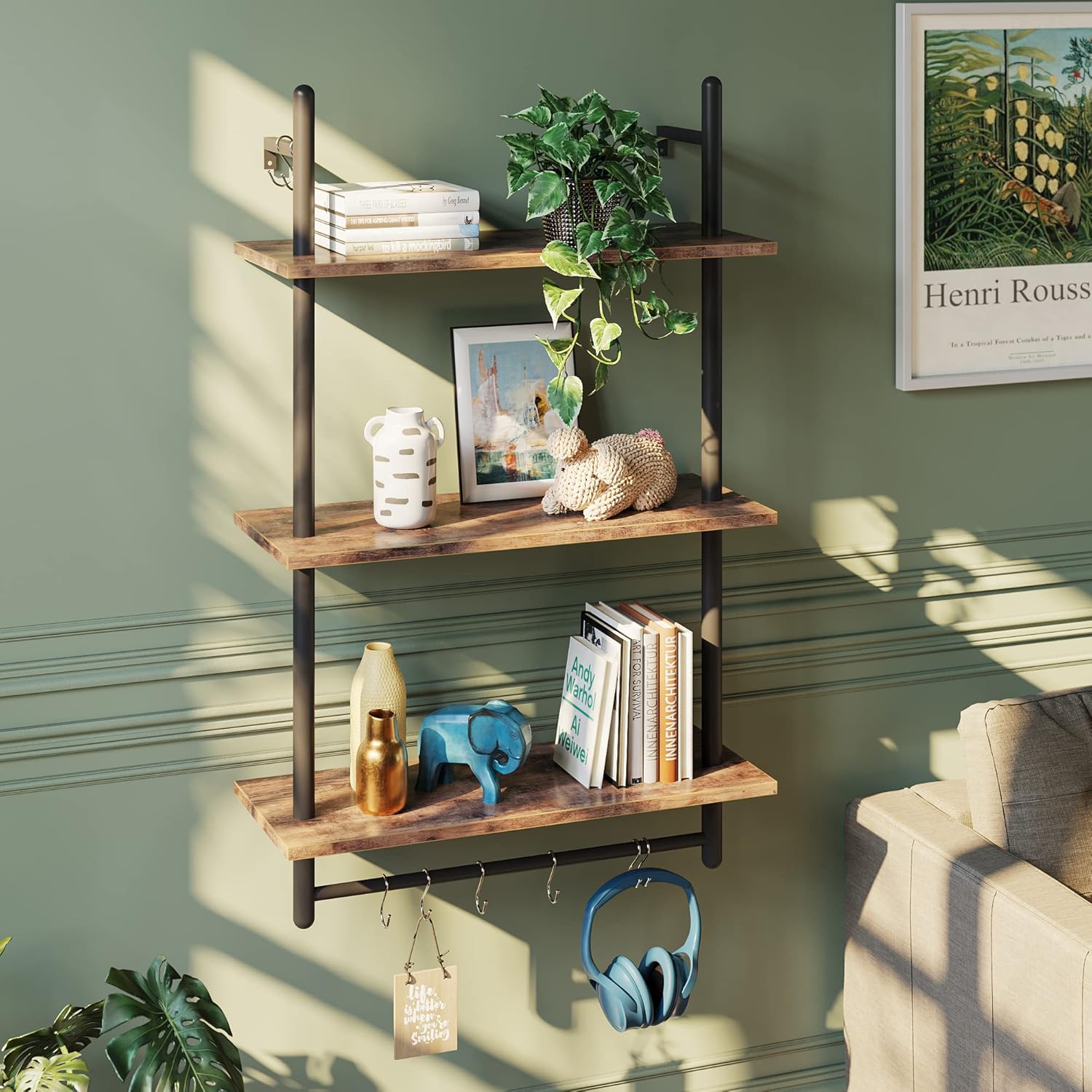 Bestier 3 Tier Floating Wall Shelves with Towel Bar and Hooks