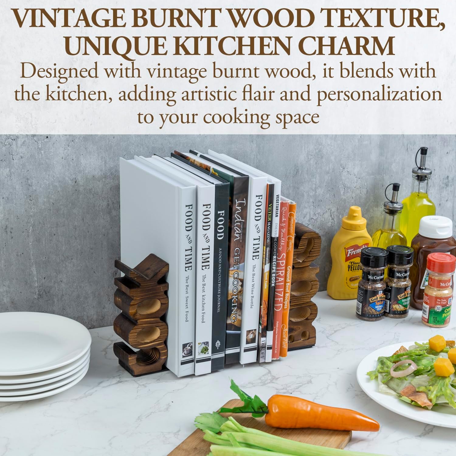 MyGift Rustic Burnt Wood Bookends for Kitchen