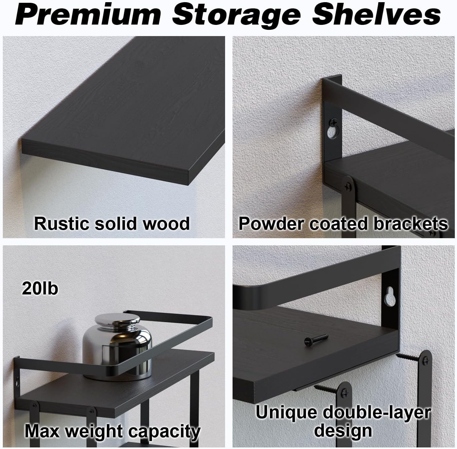 RICHER HOUSE Dual-Level Wood Floating Shelves with Guardrail - Black